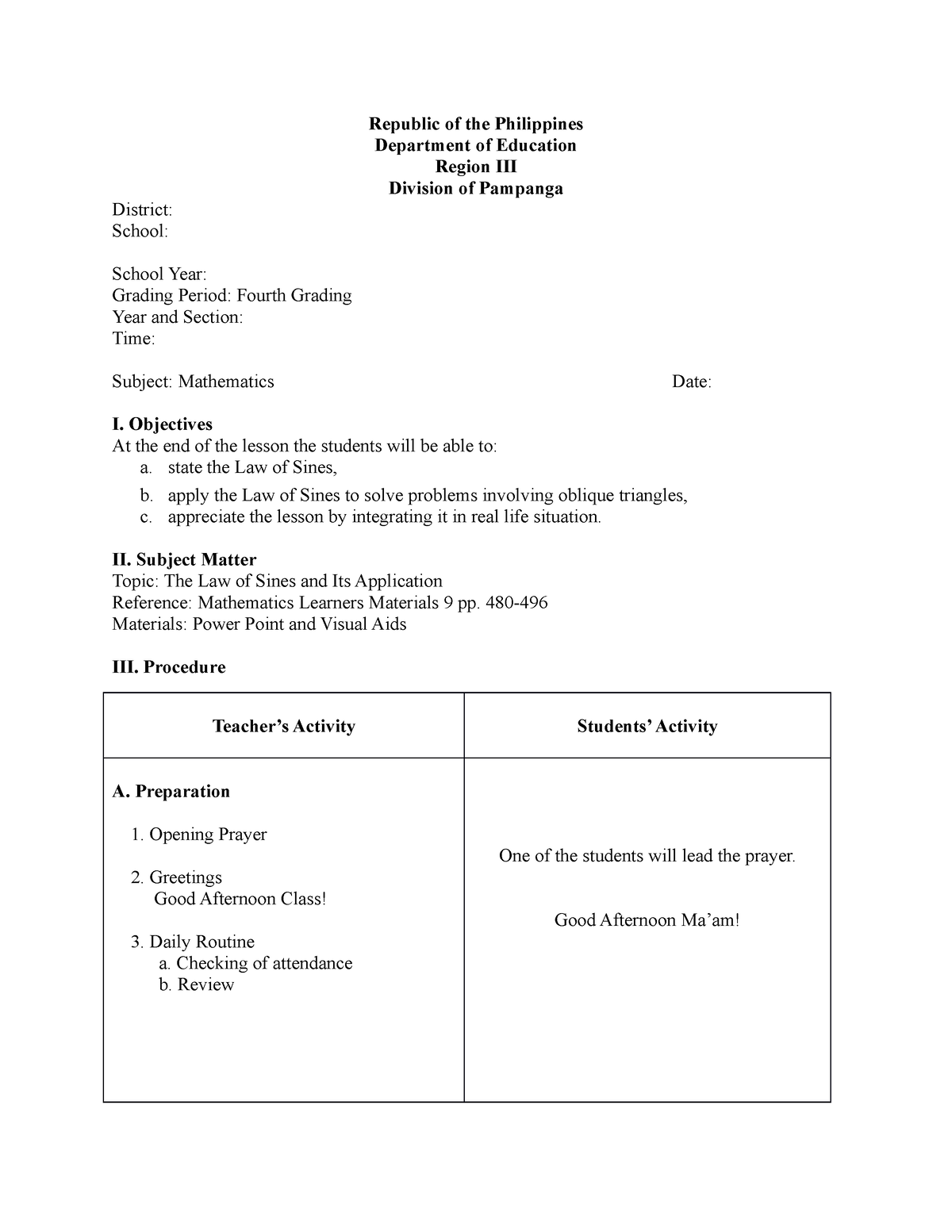 Lesson Plan The Law of Sines and Its Application - Republic of the ...