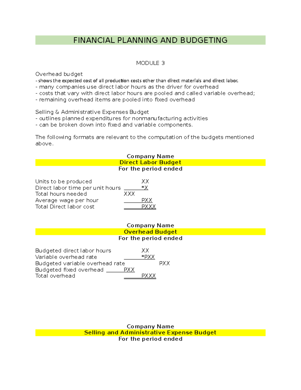 Financial Planning AND Budgeting 3 FINANCIAL PLANNING AND BUDGETING