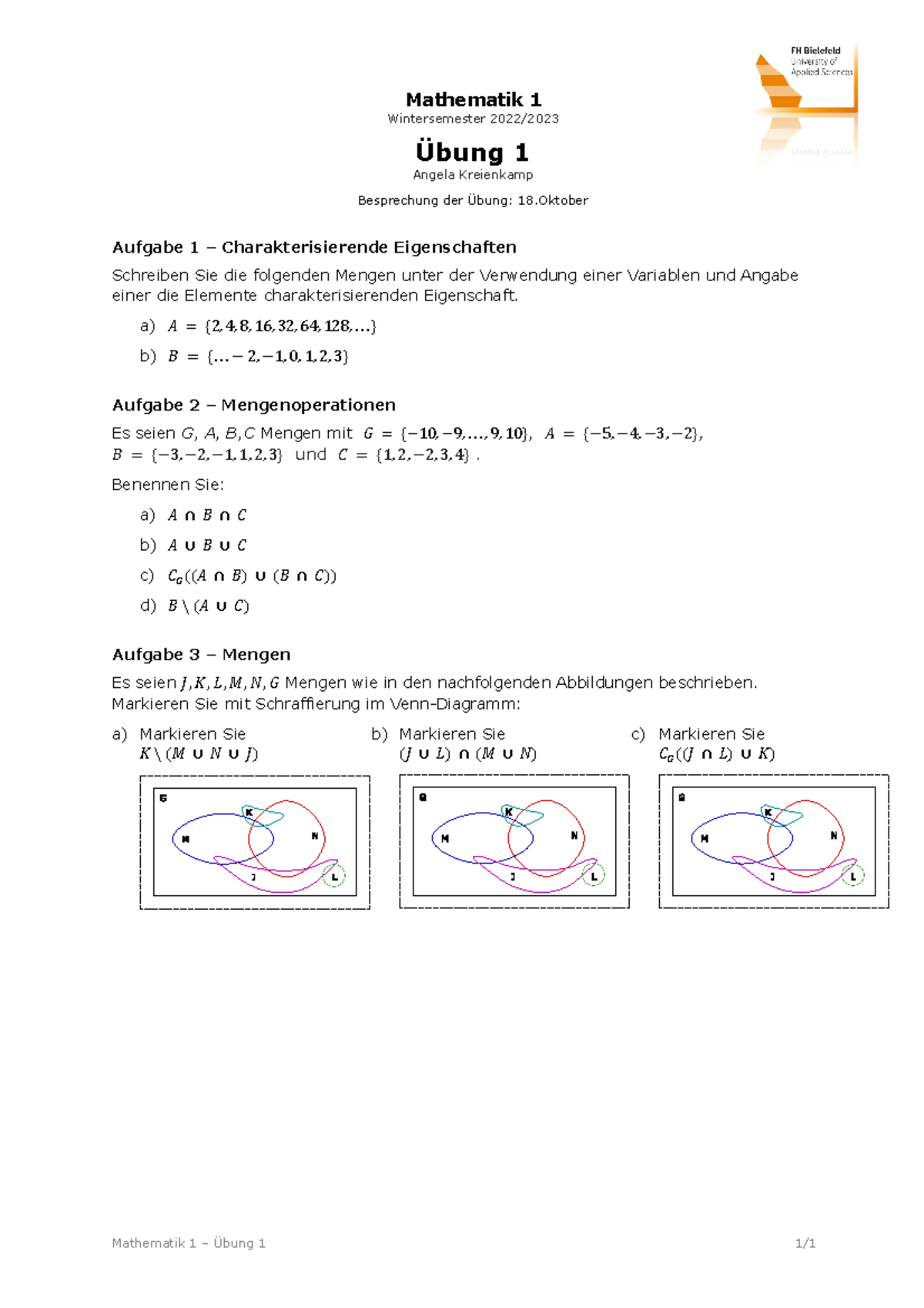 Blatt 1 2022 23 - Mathematik 1 – Übung 1 1/ Mathematik 1 Wintersemester ...