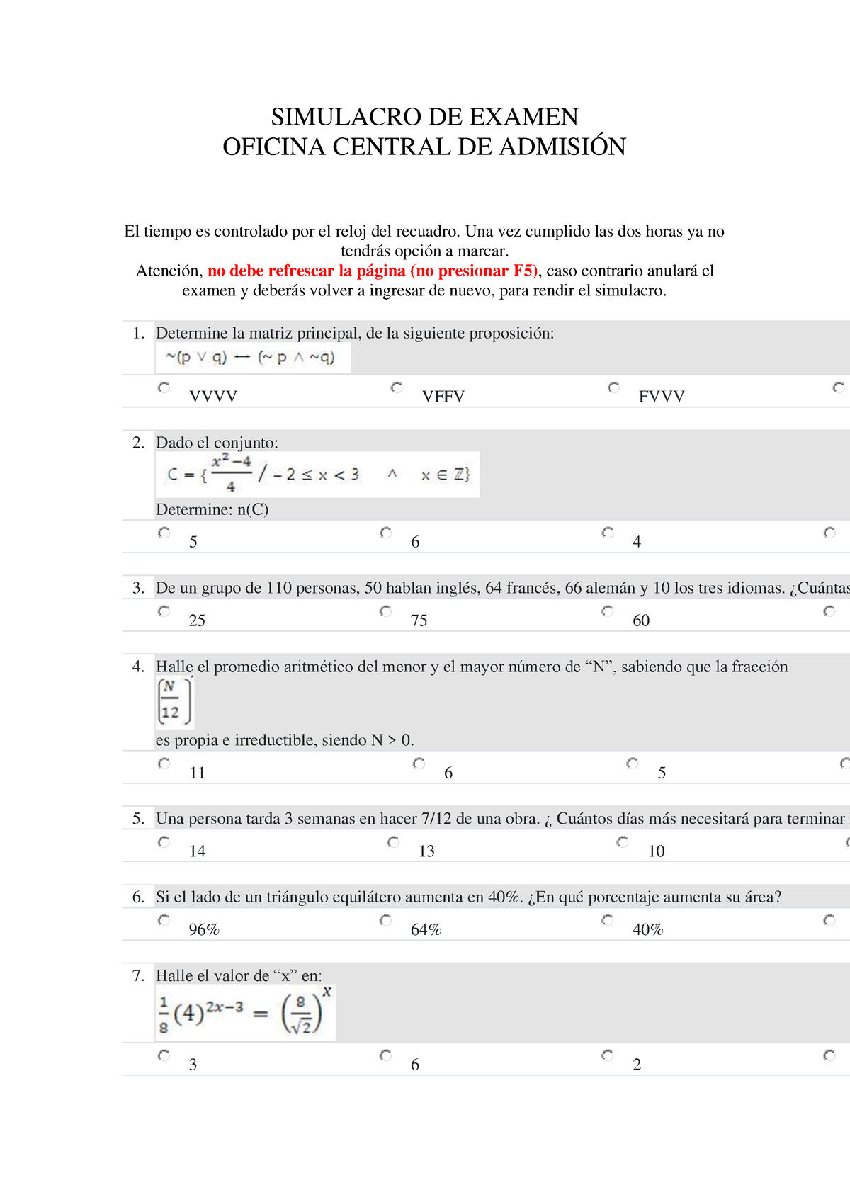 Simulacro DE Examen - SIMULACRO DE EXAMEN OFICINA CENTRAL DE ADMISIÓN ...