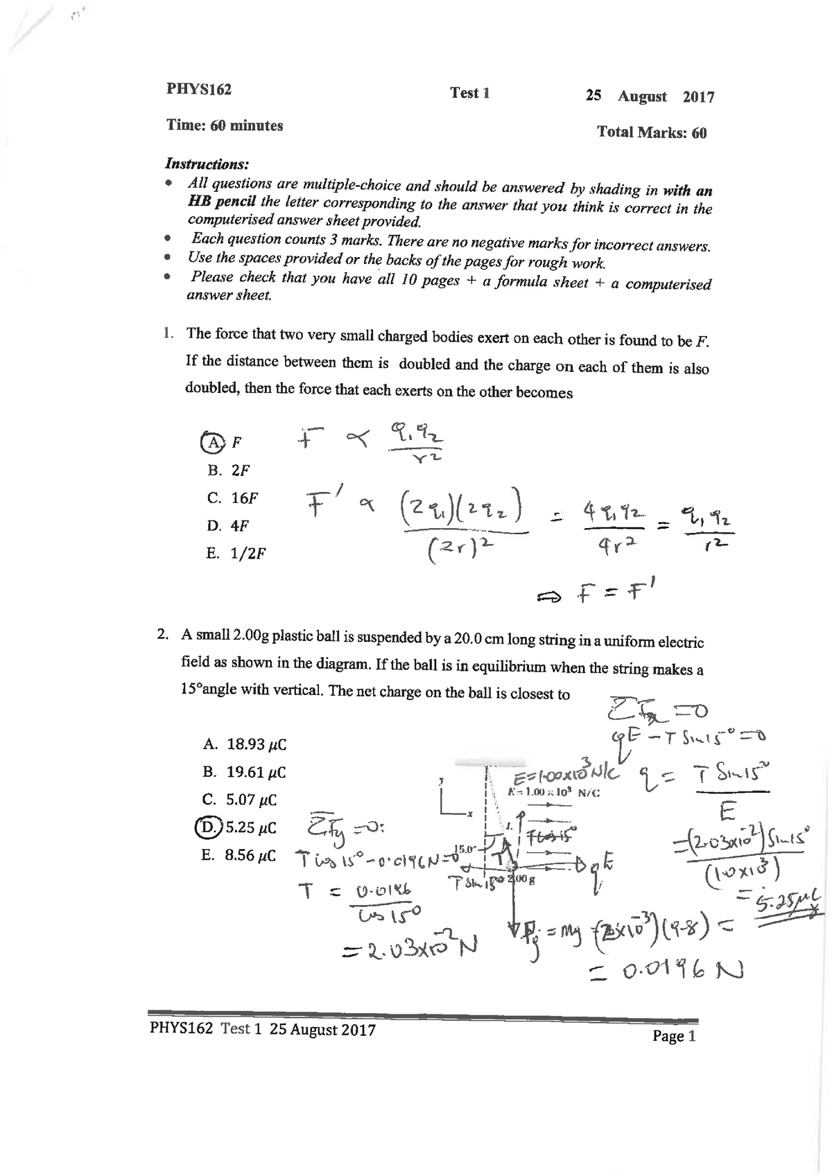 PHYS162 Test 1 Solutions 2017 - Phys162 - Studocu