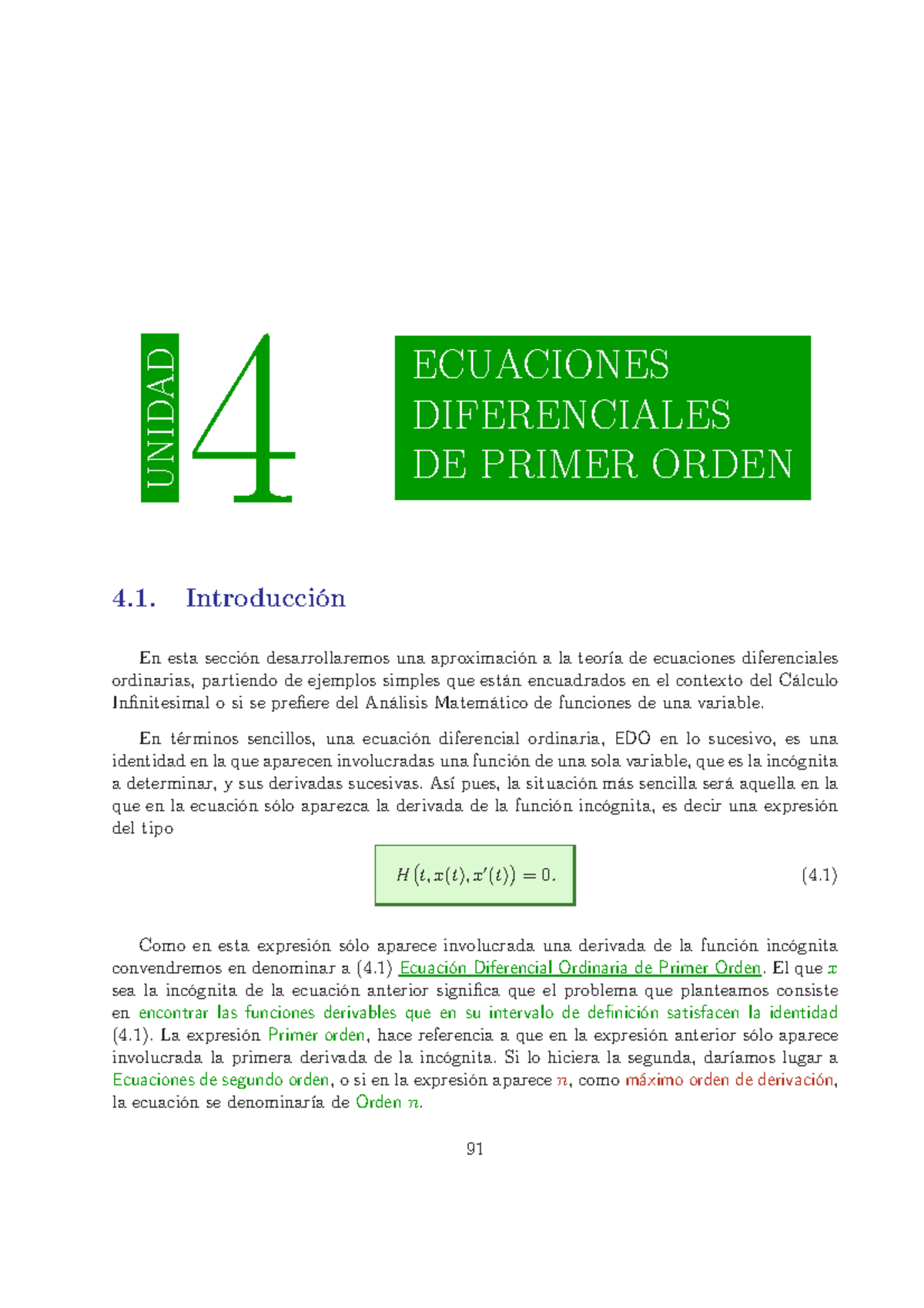 TEMA 4.1 Ecuaciones Orden 1 - UNIDAD 4 ECUACIONES DIFERENCIALES DE ...