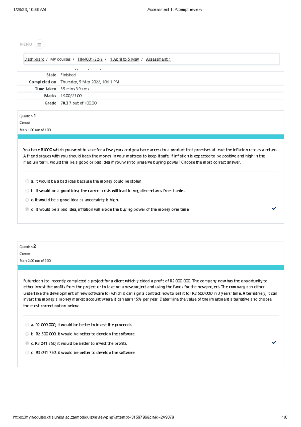 Assessment 1 Attempt review - Started on Thursday, 5 May 2022, 9:36 PM ...