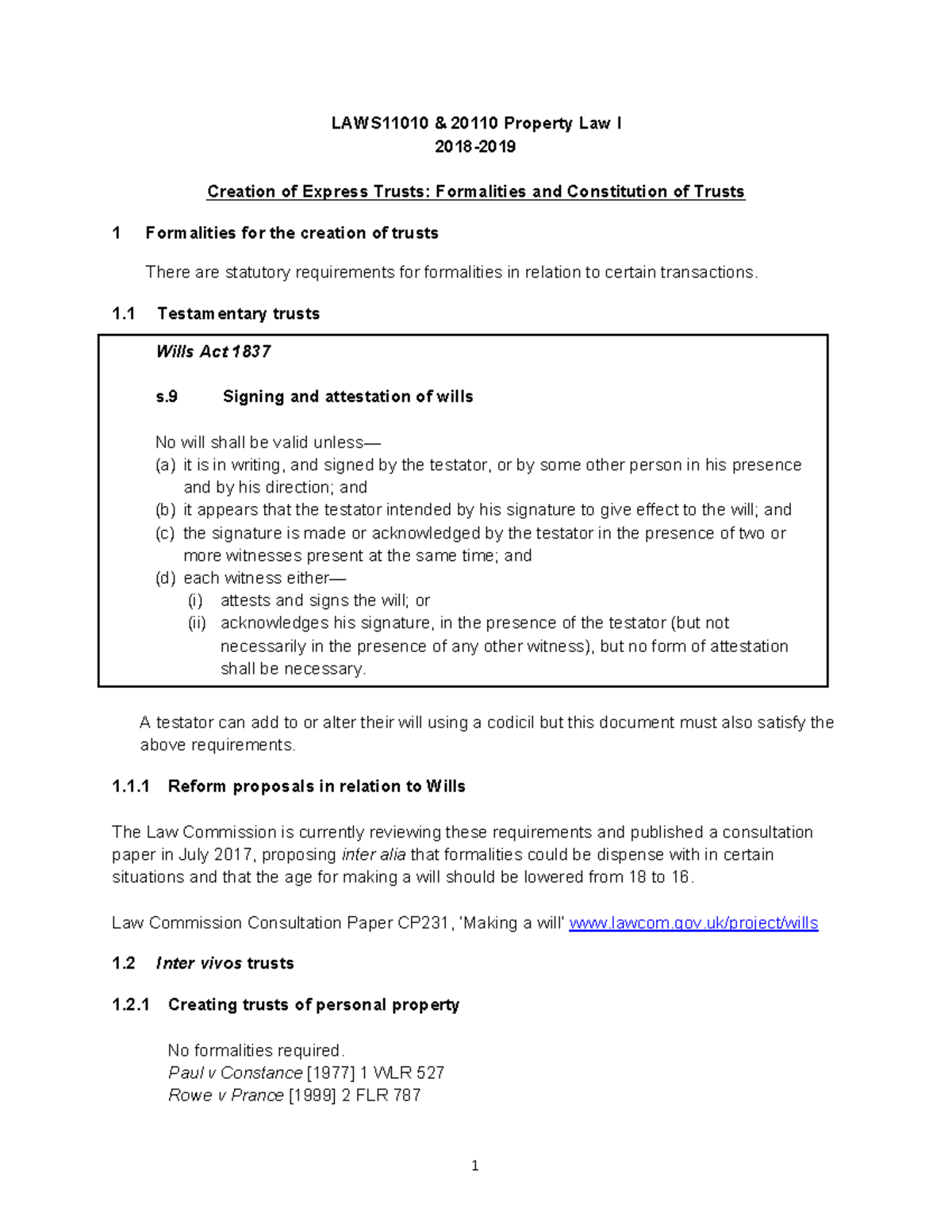 Express Trusts- Formalities and Constitution - 1 Testamentary trusts A ...