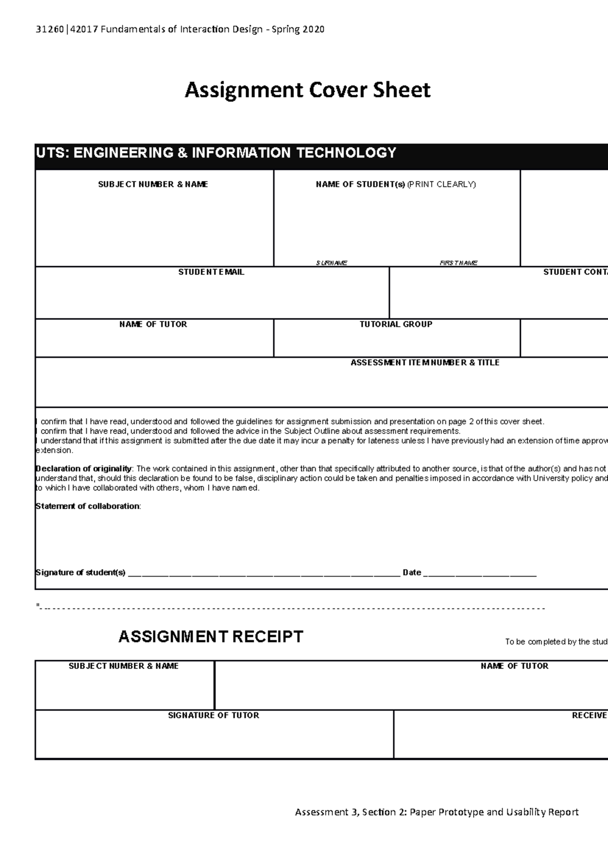 assignment cover sheet uts