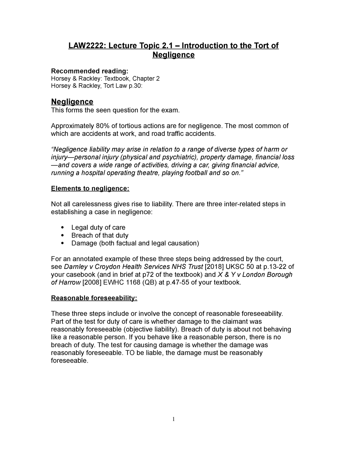 Intro Tort Of Negligence - LAW2222: Lecture Topic 2 – Introduction To ...