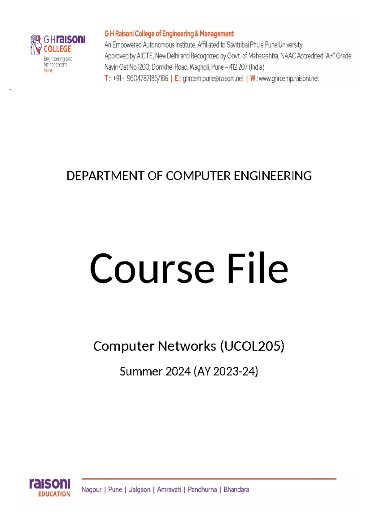 Course file front page - Computer Science HL - ` DEPARTMENT OF COMPUTER ...