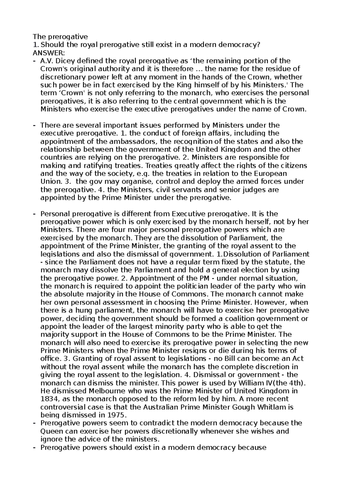 PL&C Tutorial 4 - The prerogative 1 the royal prerogative still exist ...