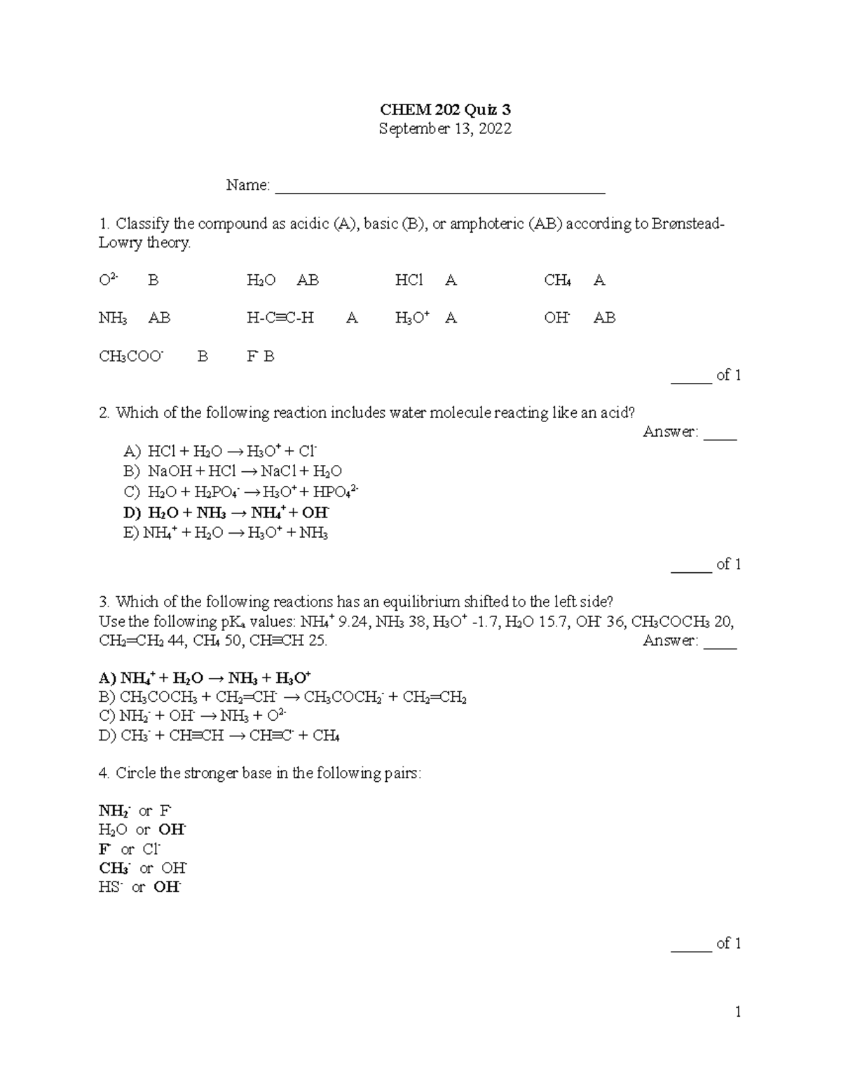 CHEM 202 quiz 3 key - Practice Quiz for Chapter 2 of Organic Chemistry ...