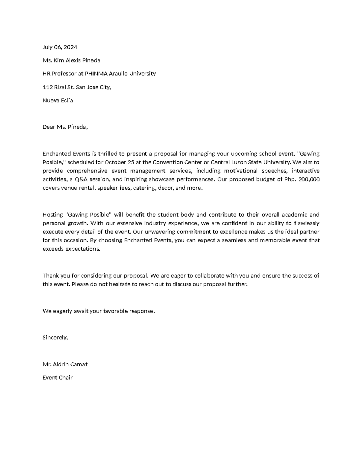 Event Proposal Letter Sample - July 06, 2024 Ms. Kim Alexis Pineda HR ...