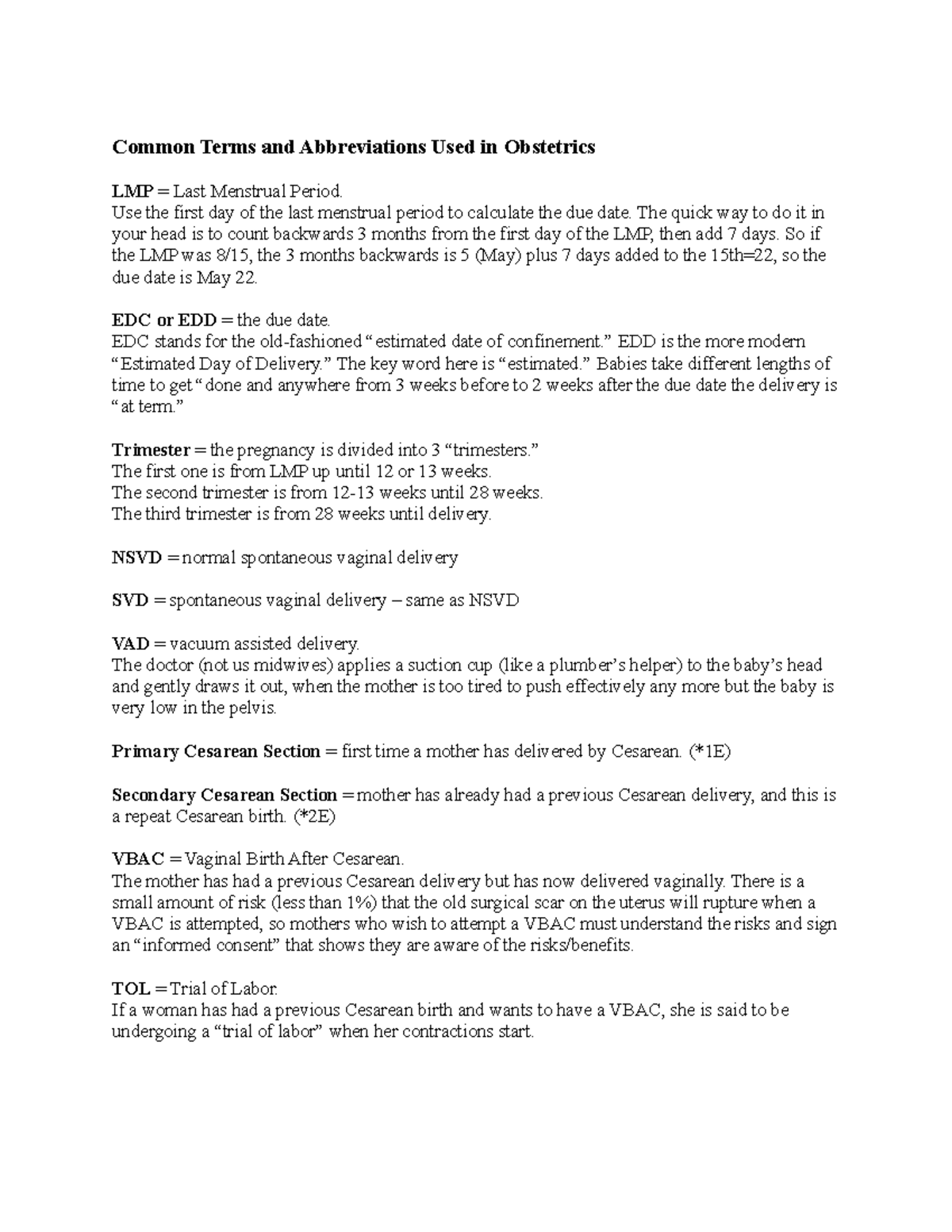 OB Glossary(1) - List of Useful OB Terms to know for Maternal Nursing ...