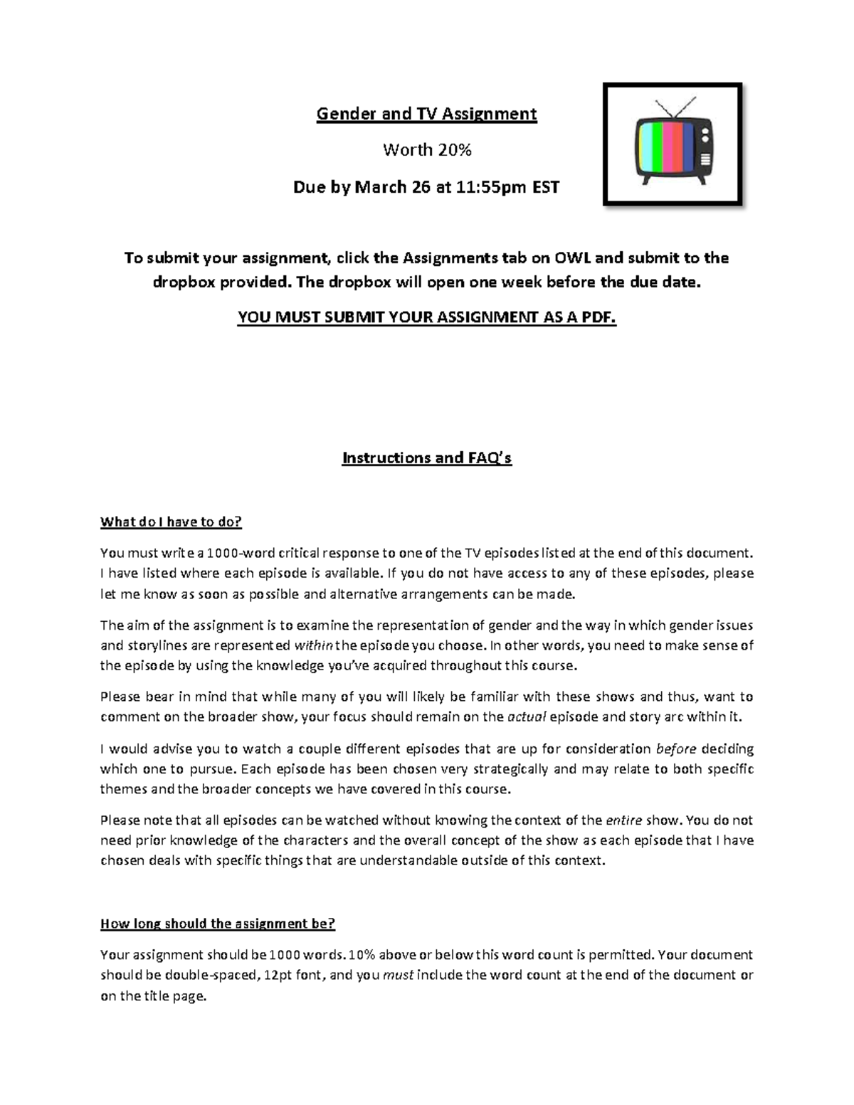 Gender and TV Assignment - Studocu