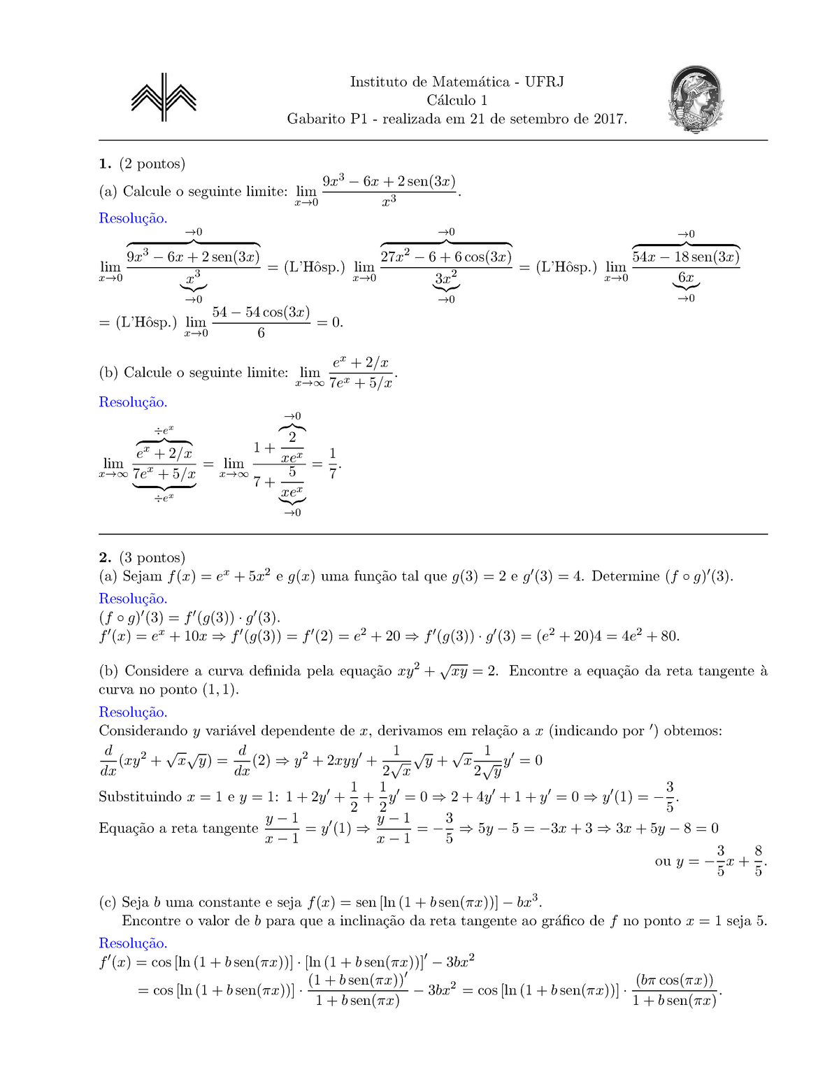 Prova 2017, Respostas - Instituto De Matem´atica - UFRJ C´alculo 1 ...