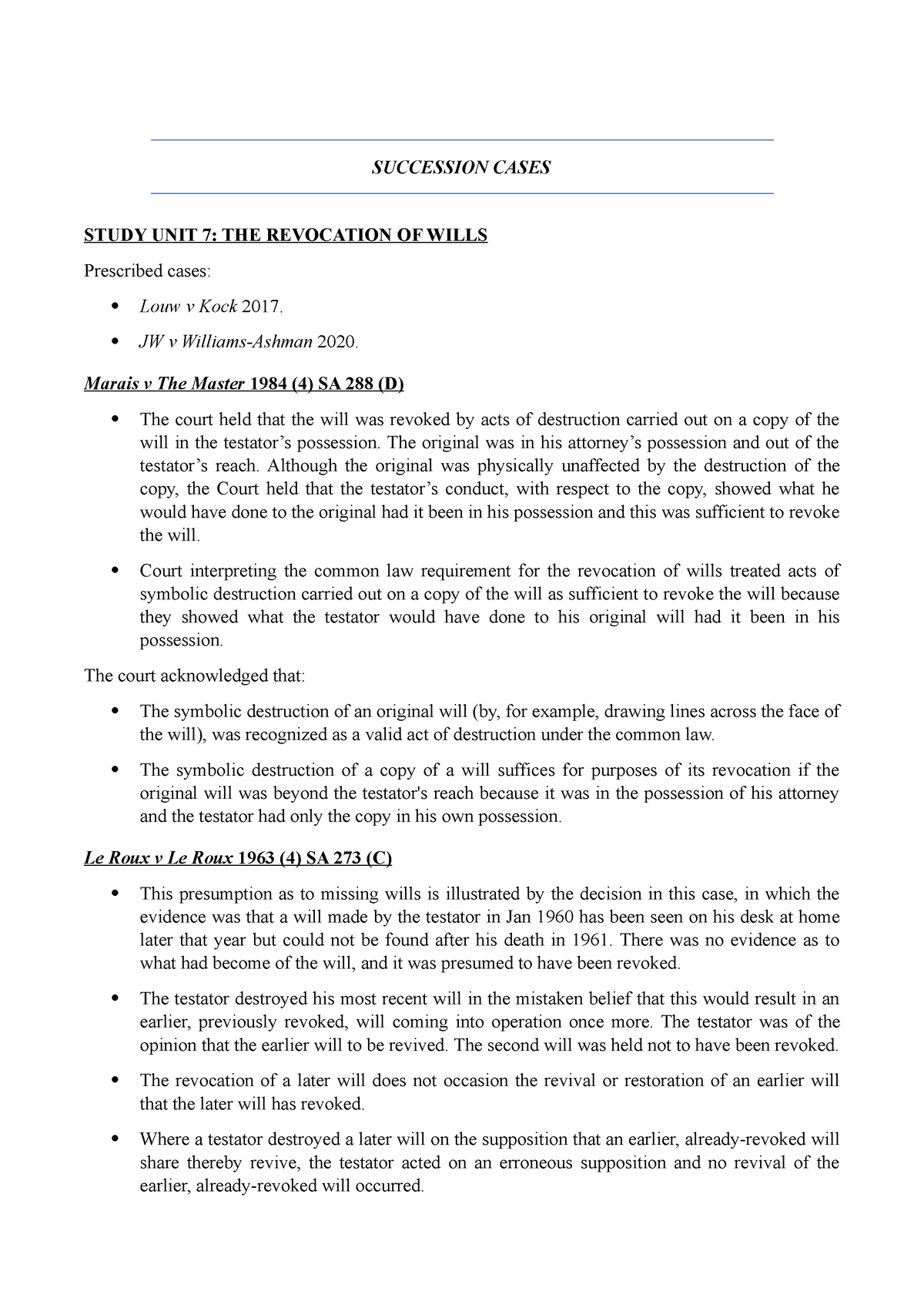 Succession cases - SUCCESSION CASES STUDY UNIT 7: THE REVOCATION OF ...