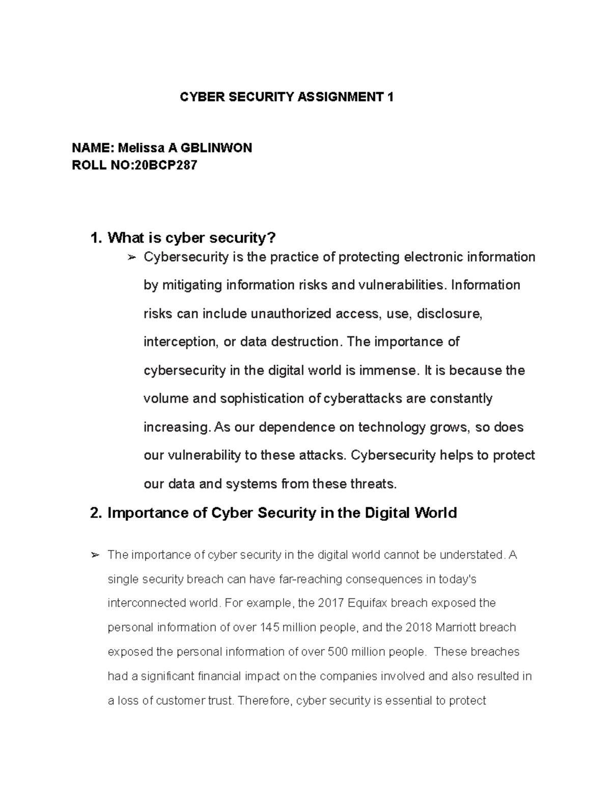 Cyber Security Assignment 1 - CYBER SECURITY ASSIGNMENT 1 NAME: Melissa ...