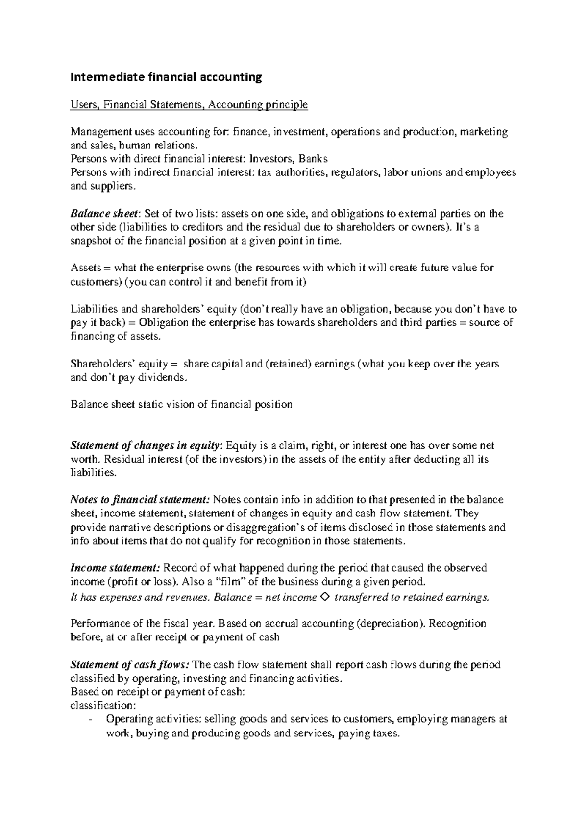 Summary Intermediate Financial Accounting Intermediate financial accounting Users, Financial