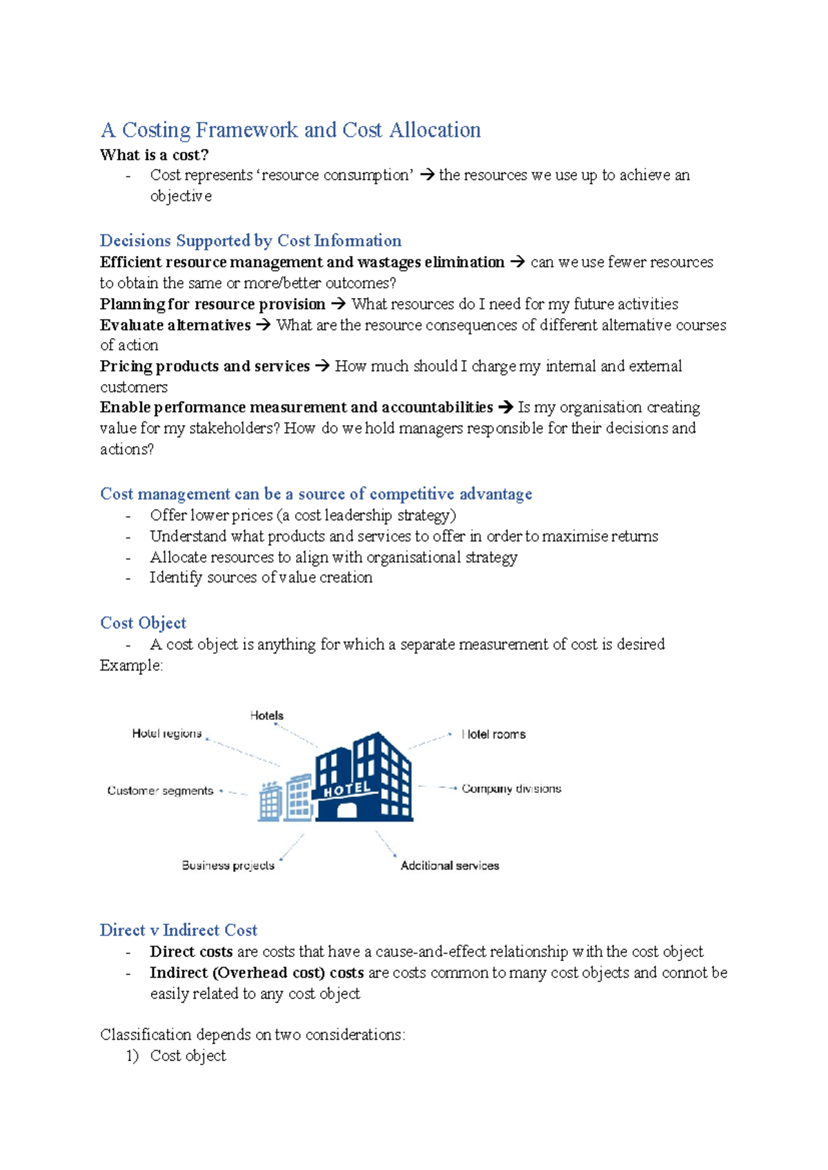 Week 9 Notes - A Costing Framework and Cost Allocation What is a cost ...