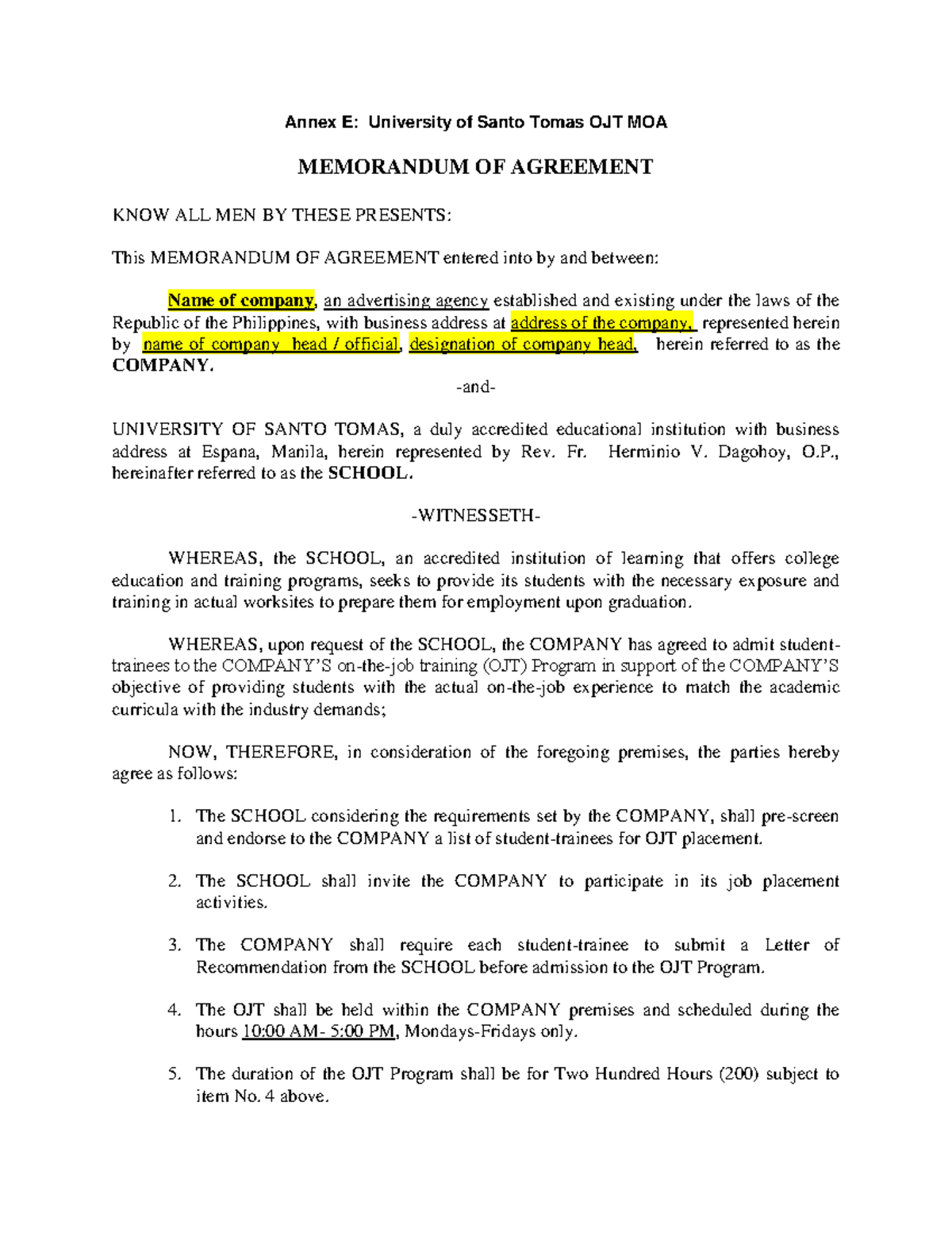 Memorandum Of Agreement Sample Ojt Annex E University Of Santo Tomas Ojt Moa Memorandum Of 4232