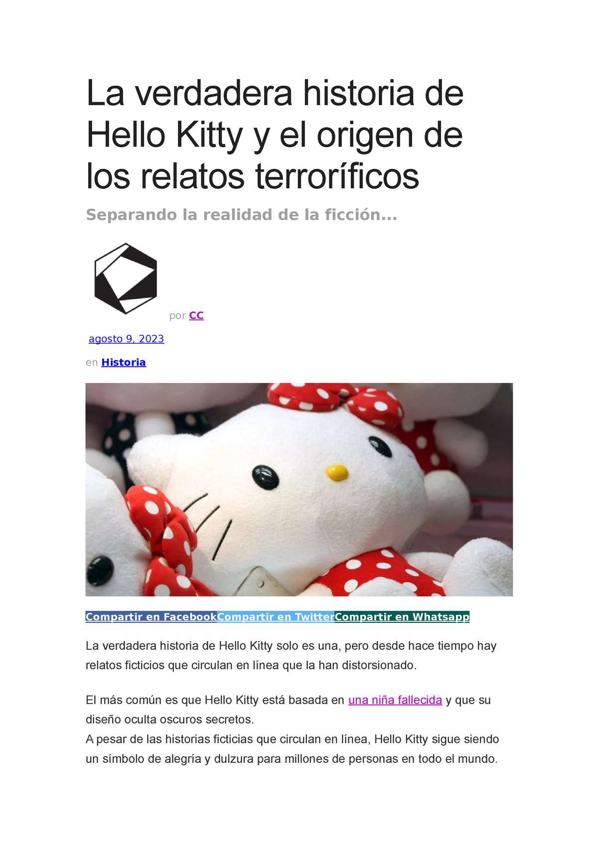 Historia sobre kitty - La verdadera historia de Hello Kitty y el origen ...