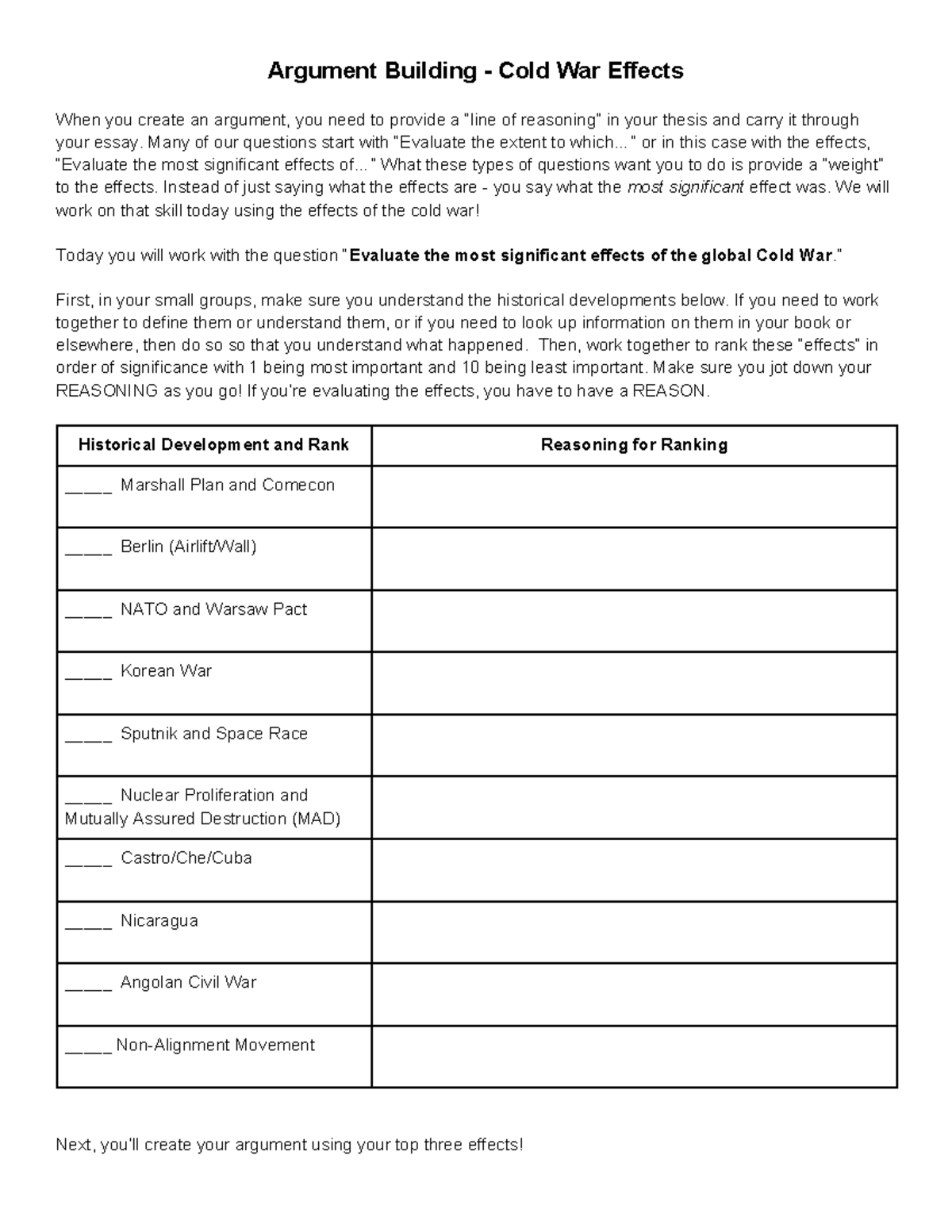 Topic 8 - a class note - Argument Building - Cold War Effects When you ...