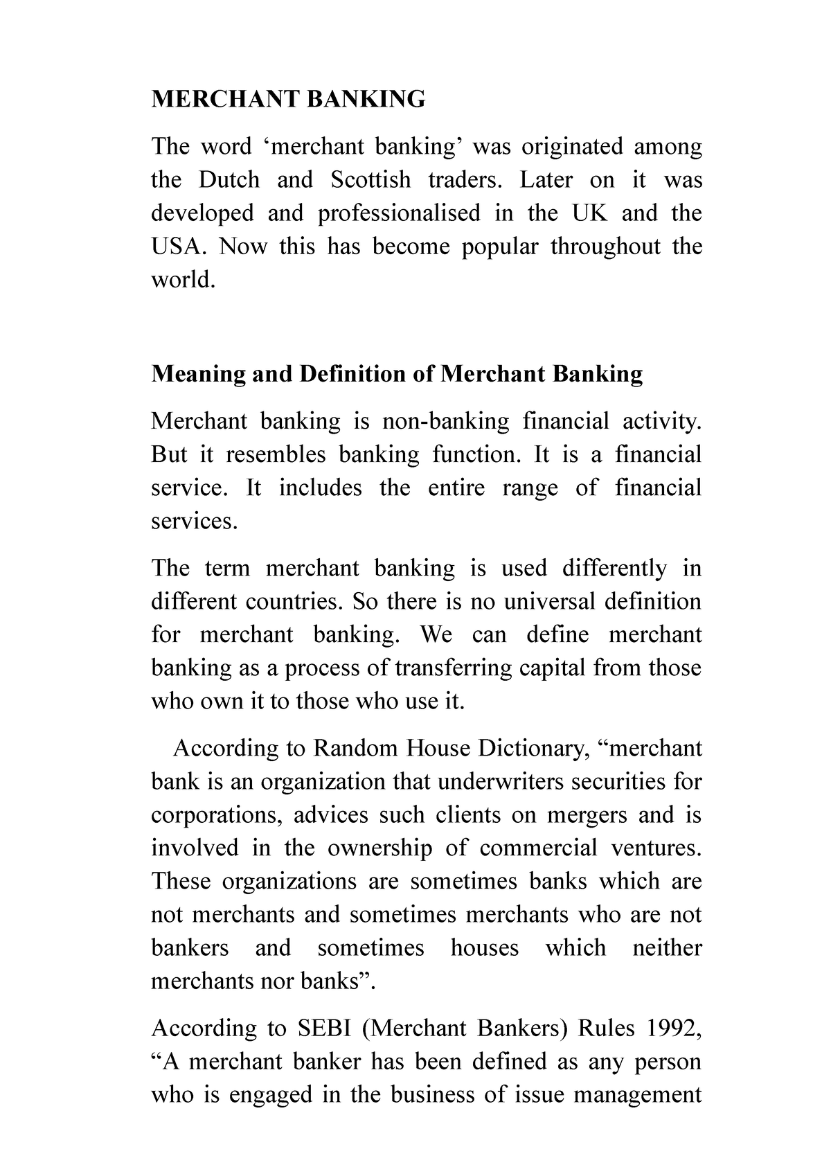 Merchant Banking Meaning And Definition MERCHANT BANKING The Word 