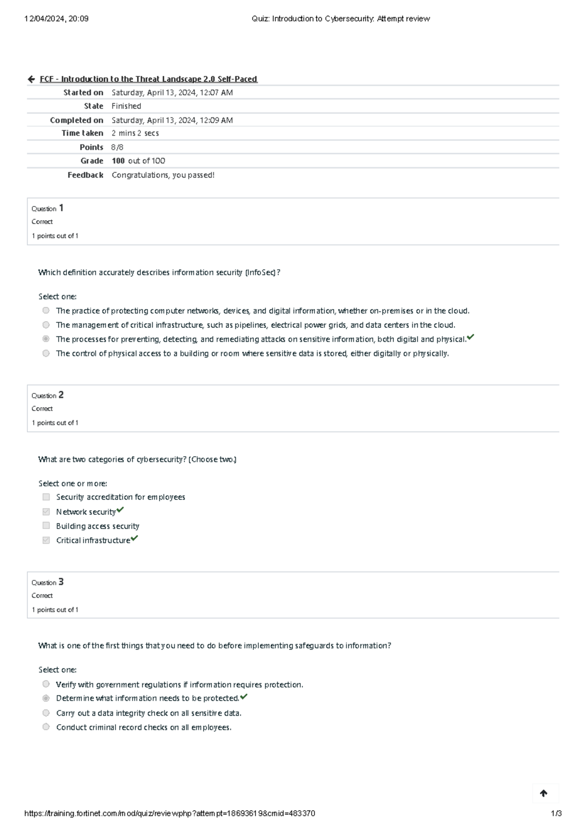 Finish - 12/04/2024, 20:09 Quiz: Introduction to Cybersecurity: Attempt ...