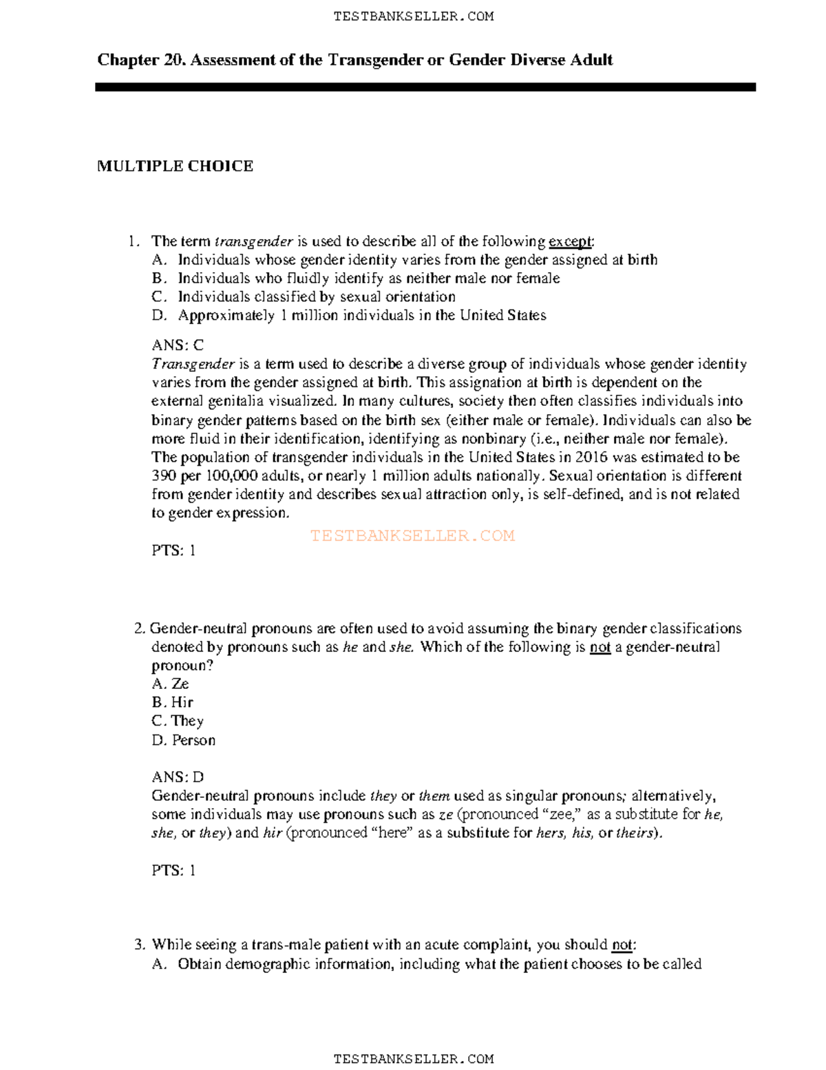 Ch20 - Practice Questions For Transgender Patients - TESTBANKSELLER Chapter 20. Assessment Of ...