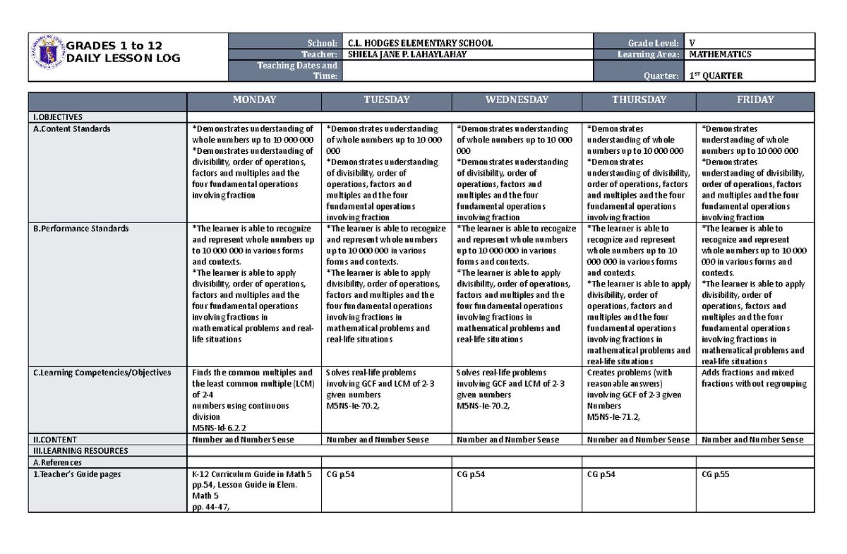 WEEK 4 - EDUCATORS - GRADES 1 to 12 DAILY LESSON LOG School: C. HODGES ...