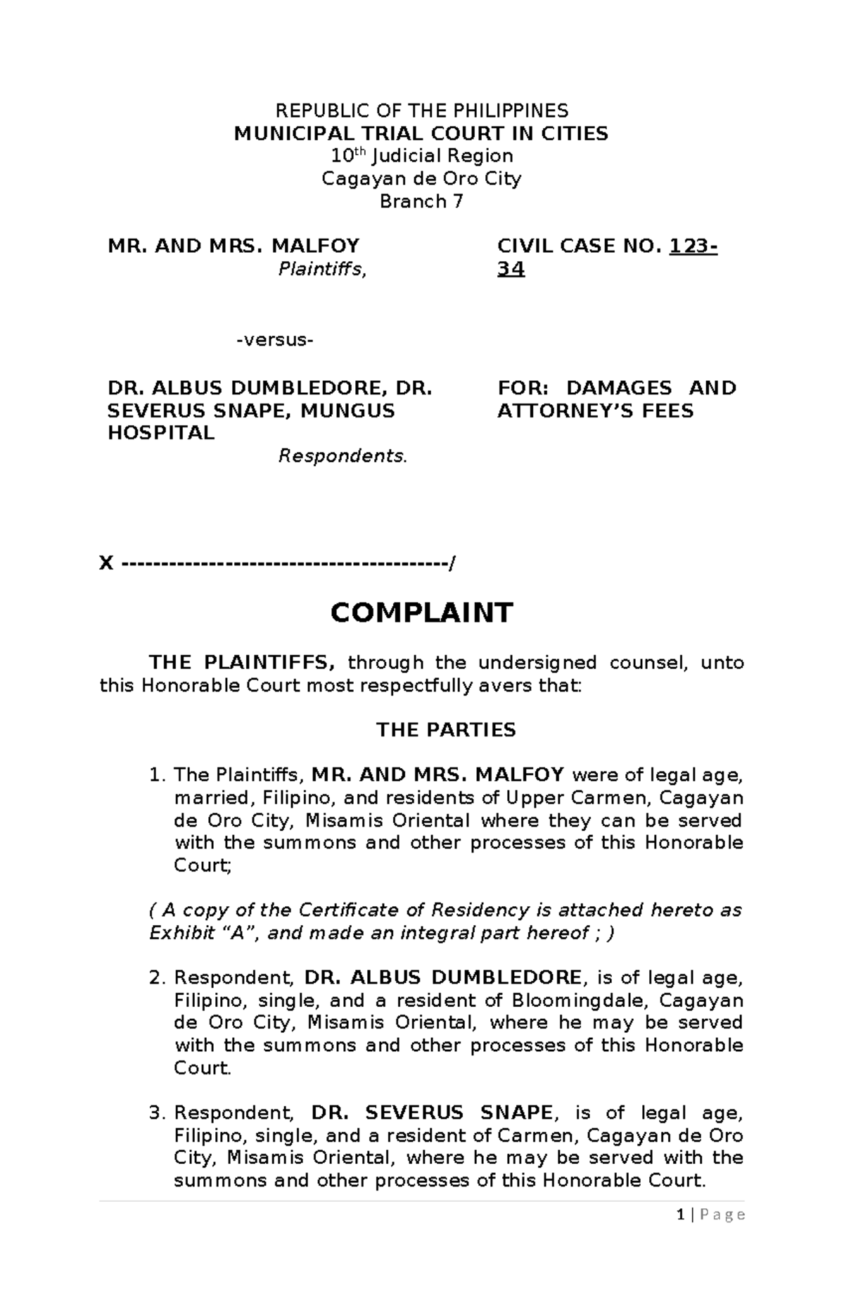 Complaint Affidavit - REPUBLIC OF THE PHILIPPINES MUNICIPAL TRIAL COURT ...