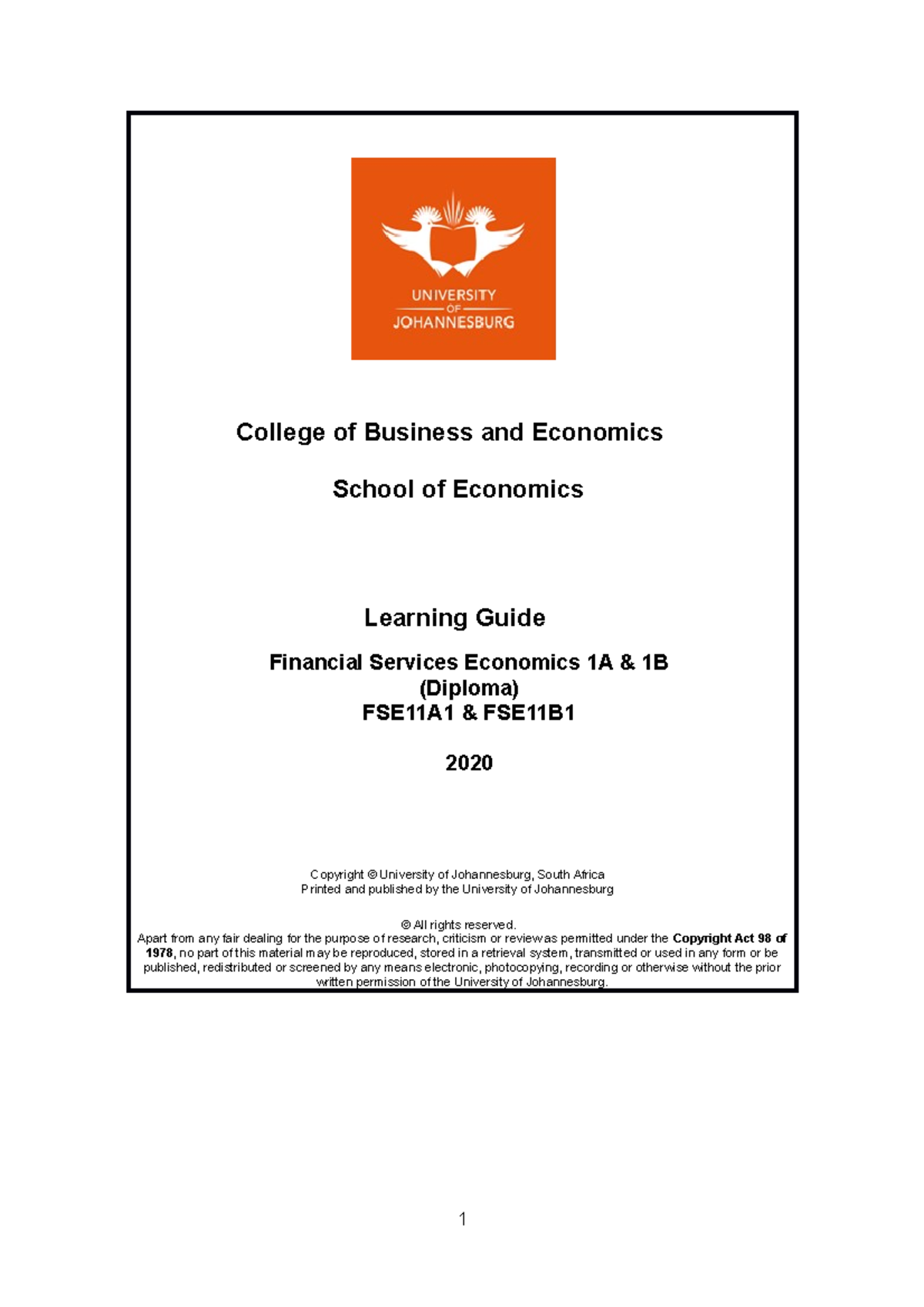 Financial Services Economics 1( Diploma) Study Guide - College of ...