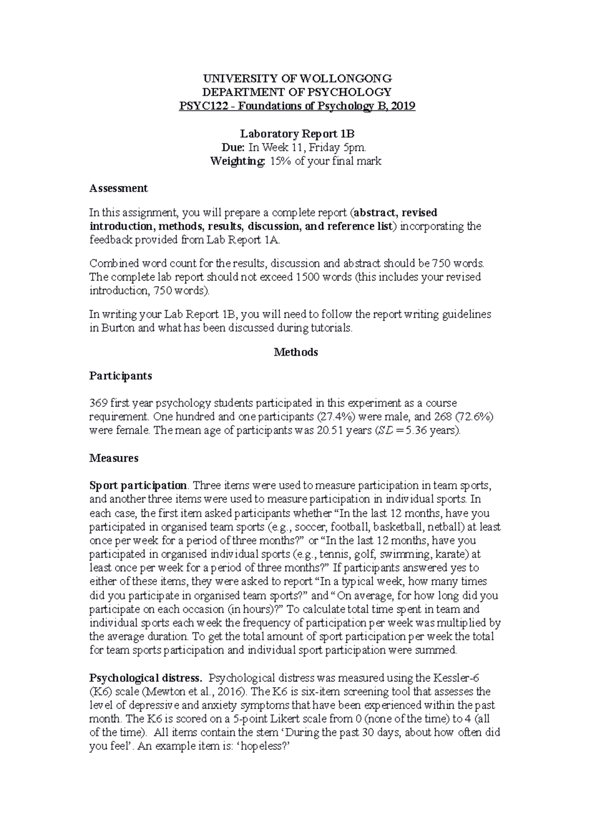PSYC122 Lab Report B - Handout - UNIVERSITY OF WOLLONGONG DEPARTMENT OF ...