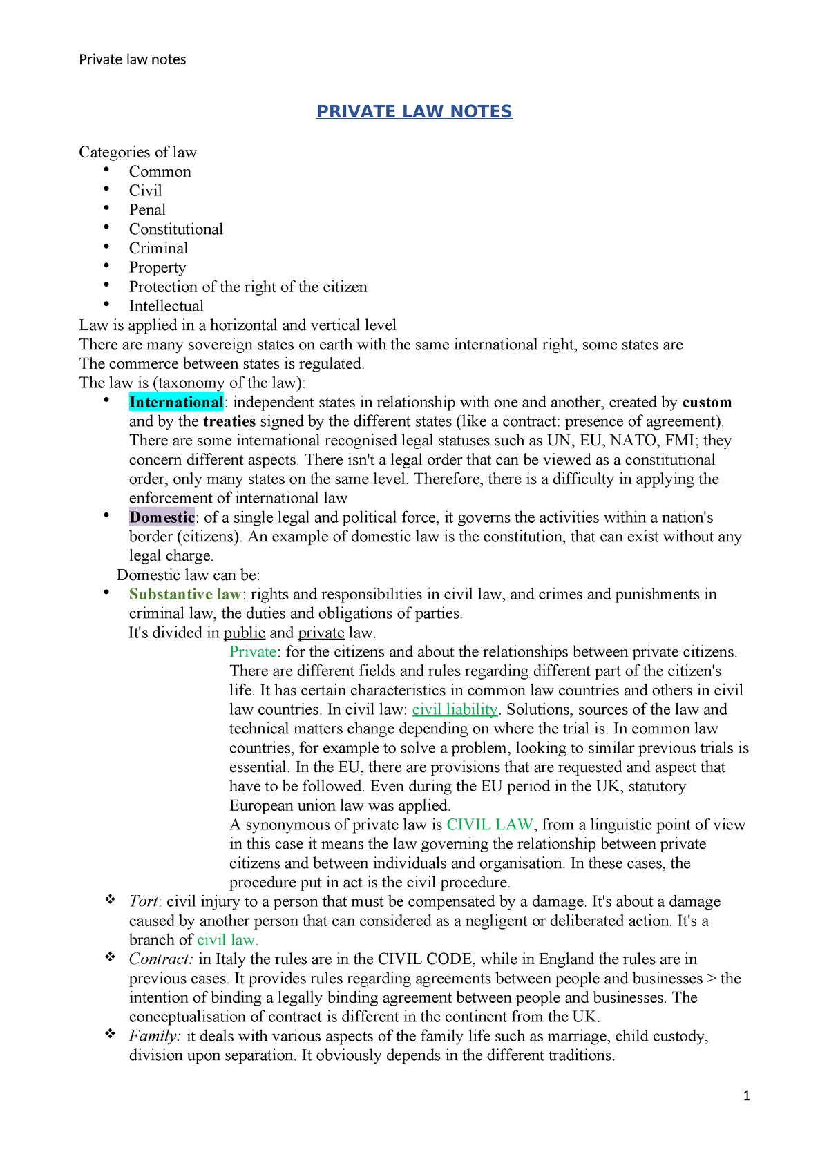 Private Notes - Appunti - PRIVATE LAW NOTES Categories Of Law Common ...