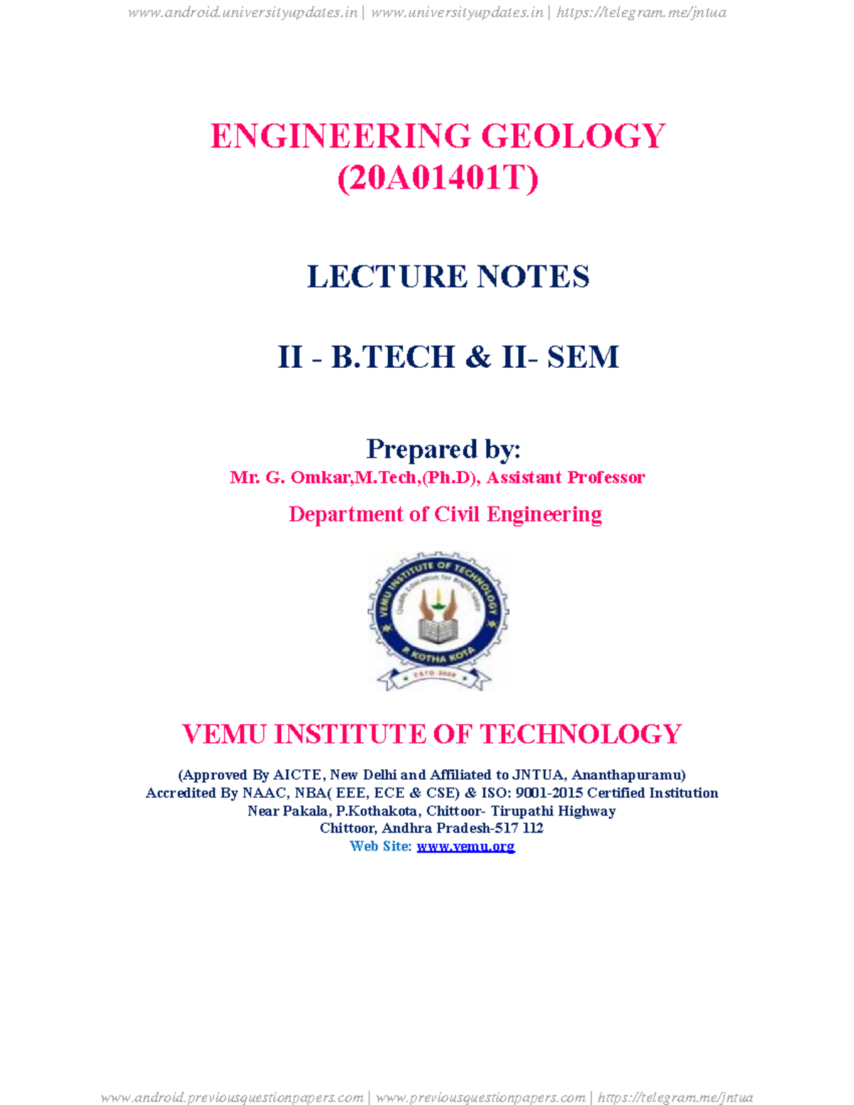 Jntua Engineering Geology Notes R20 - ENGINEERING GEOLOGY (20A01401T ...