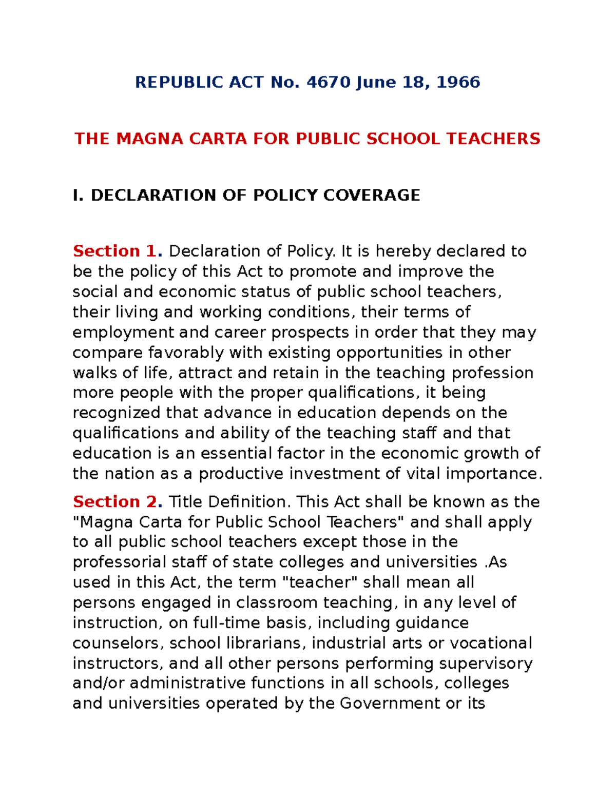 Magna Carta FOR Public Teachers' - REPUBLIC ACT No. 4670 June 18, 1966 ...