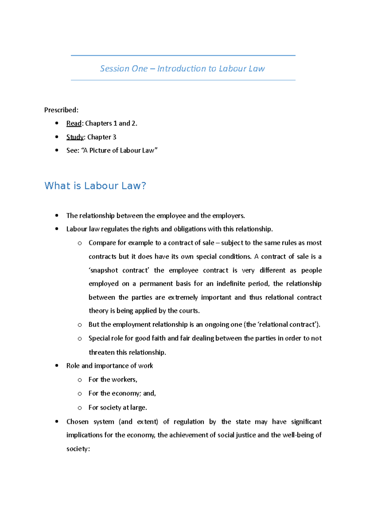Labour Law - Merc 311 - Notes - Session One – Introduction to Labour ...