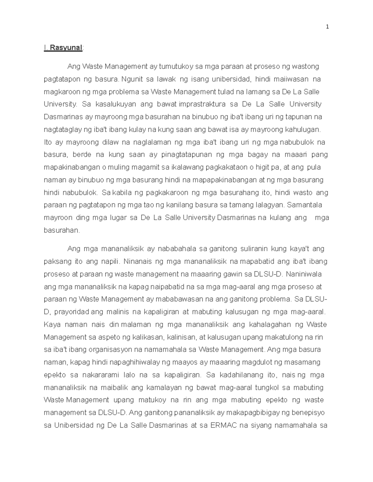 Konseptong-papel - KONSEPTONG PAPEL - 1 I. Rasyunal: Ang Waste ...