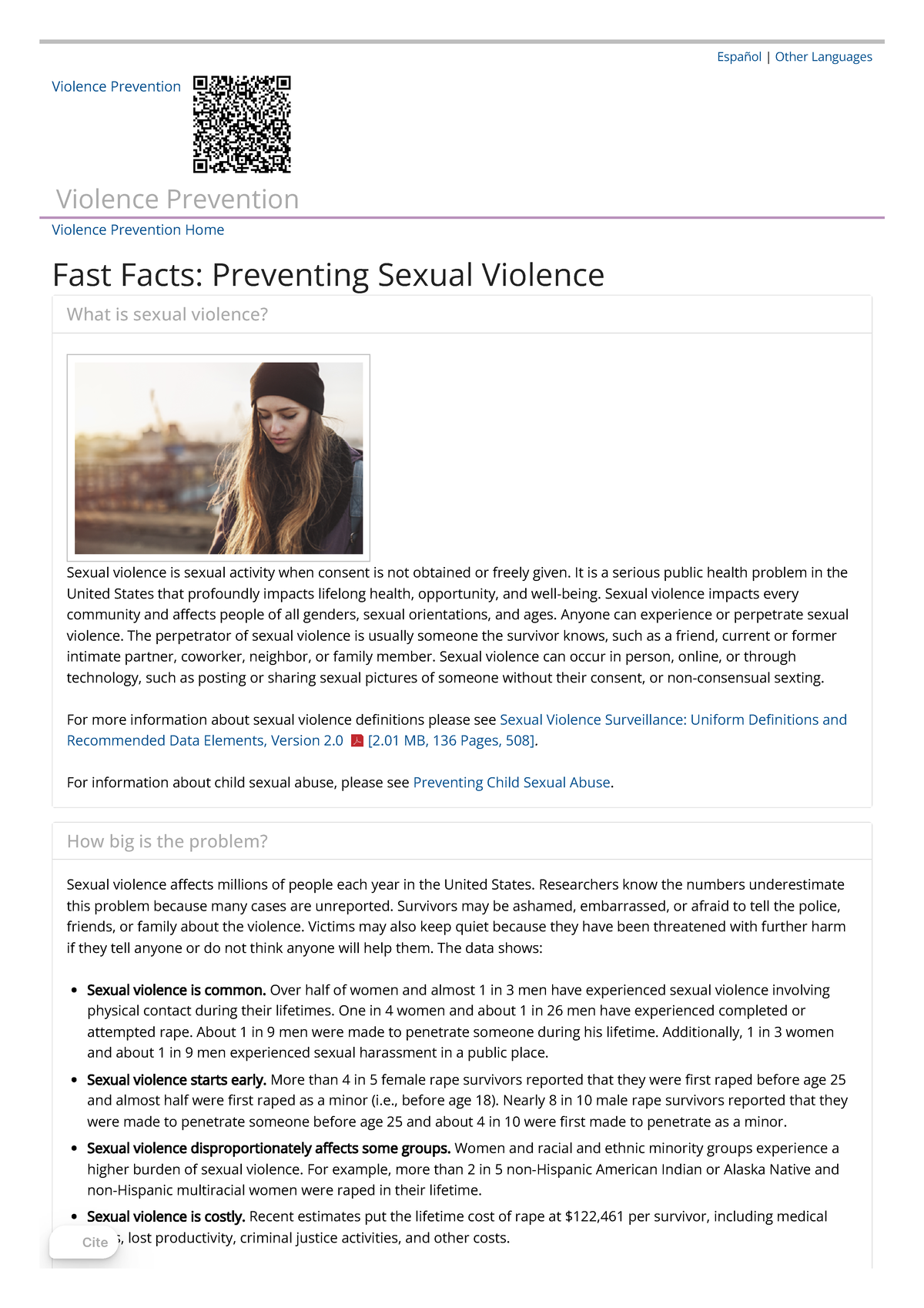 Fast Facts Preventing Sexual Violence Violence Prevention Injury Center CDC  - Español | Other - Studocu