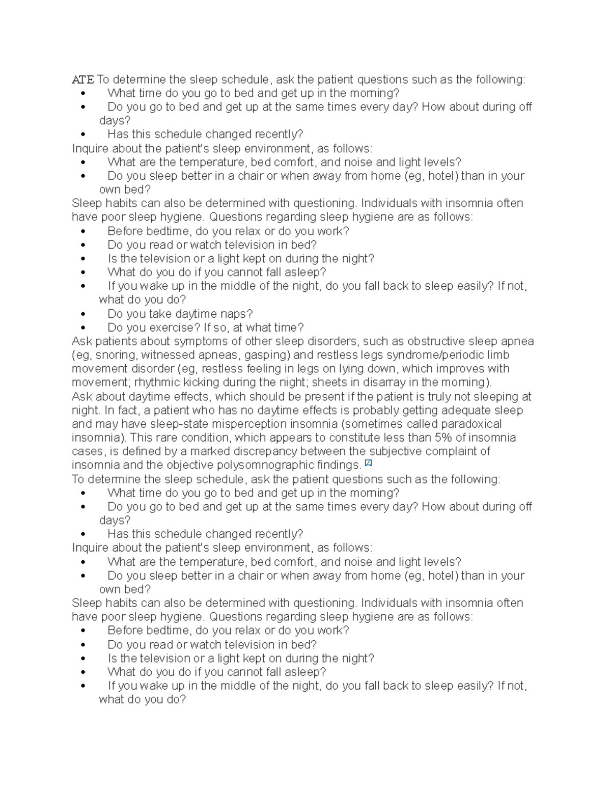 TEH - Lecture notes 1,3,4 - ATE To determine the sleep schedule, ask ...