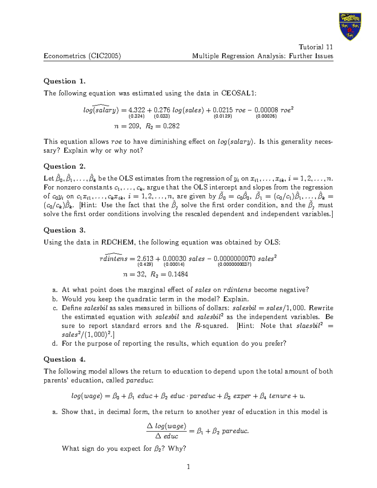 11. Multiple Regression Further Issues (Tutorial) - Econometrics ...