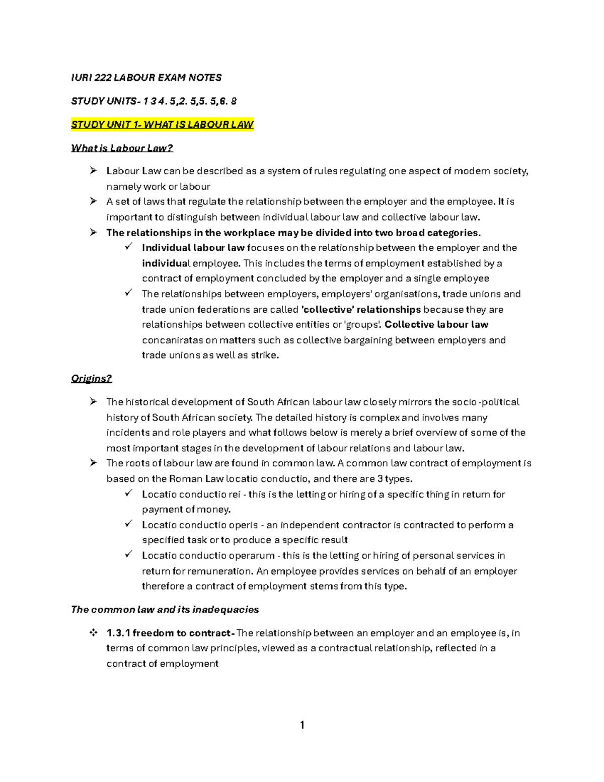 IURI 222 Labour EXAM Notes - IURI 222 LABOUR EXAM NOTES STUDY UNITS- 1 ...