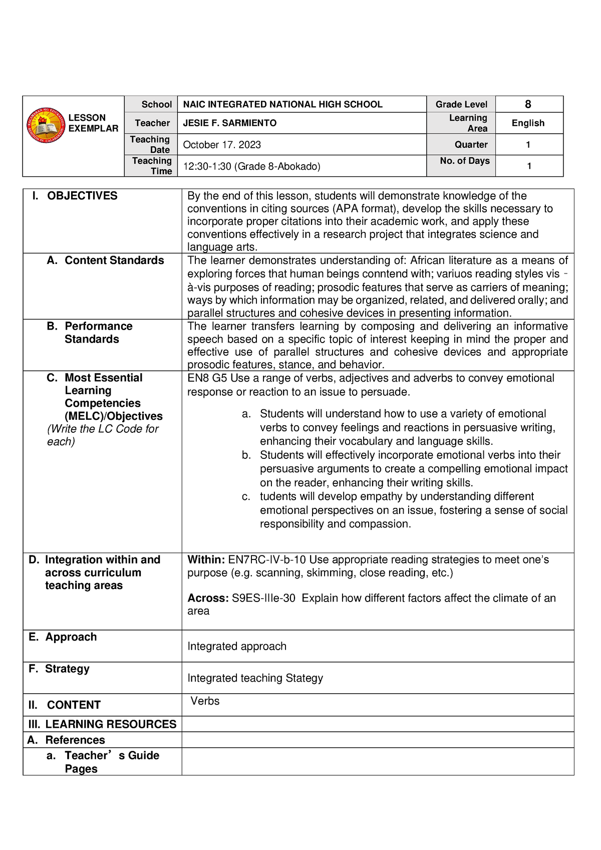 Lesson Plan For English Grade 8 - School NAIC INTEGRATED NATIONAL HIGH ...