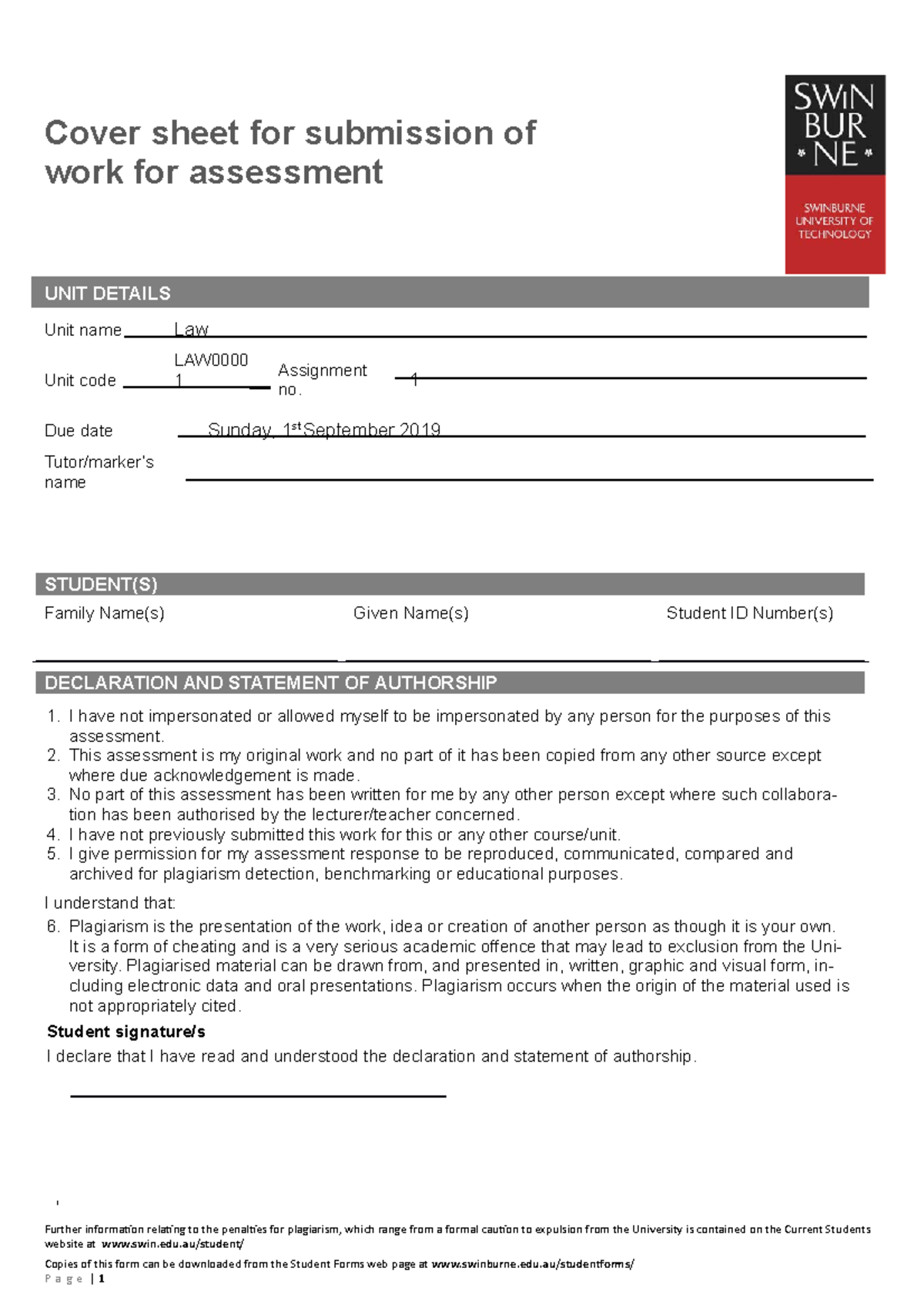 Law Assignment Report - Cover sheet for submission of work for ...