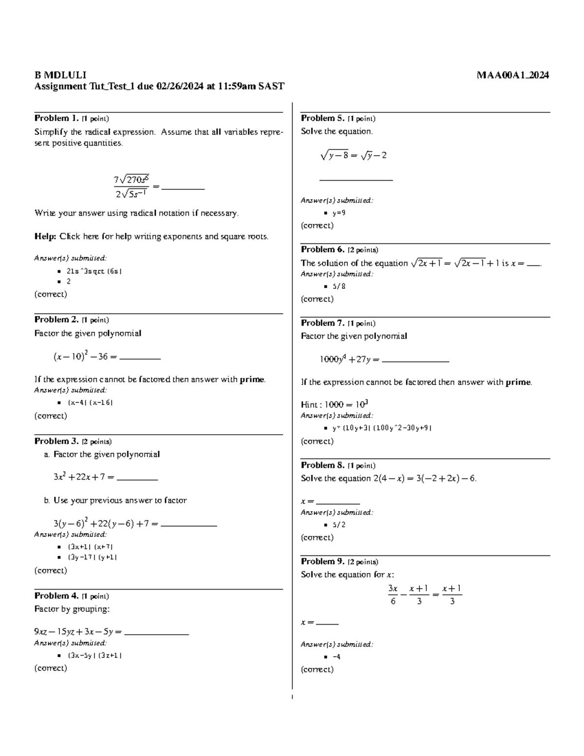 MAA Webwork Test 1 - B MDLULI MAA00A1 2024 Assignment Tut Test 1 Due 02 ...