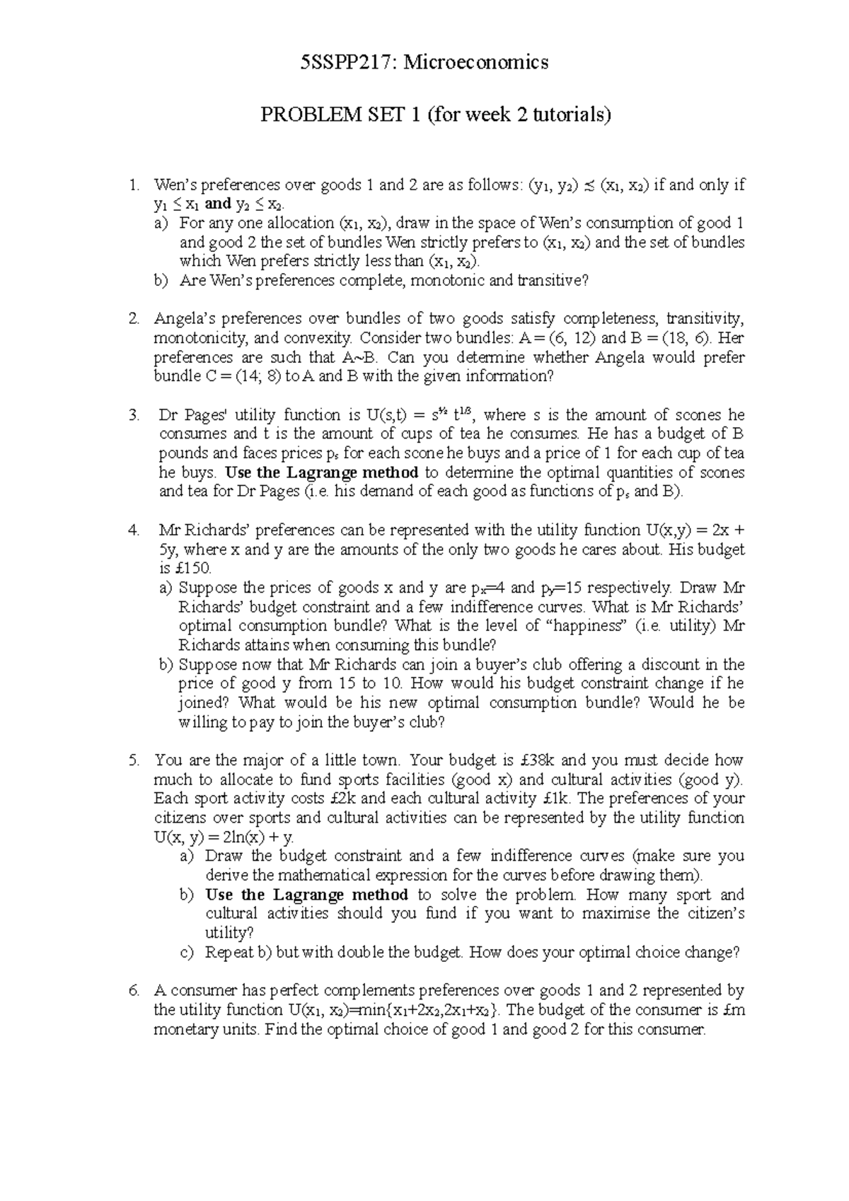 Problem set 1 22-23 - Microeconomics - 5SSPP217: Microeconomics PROBLEM ...