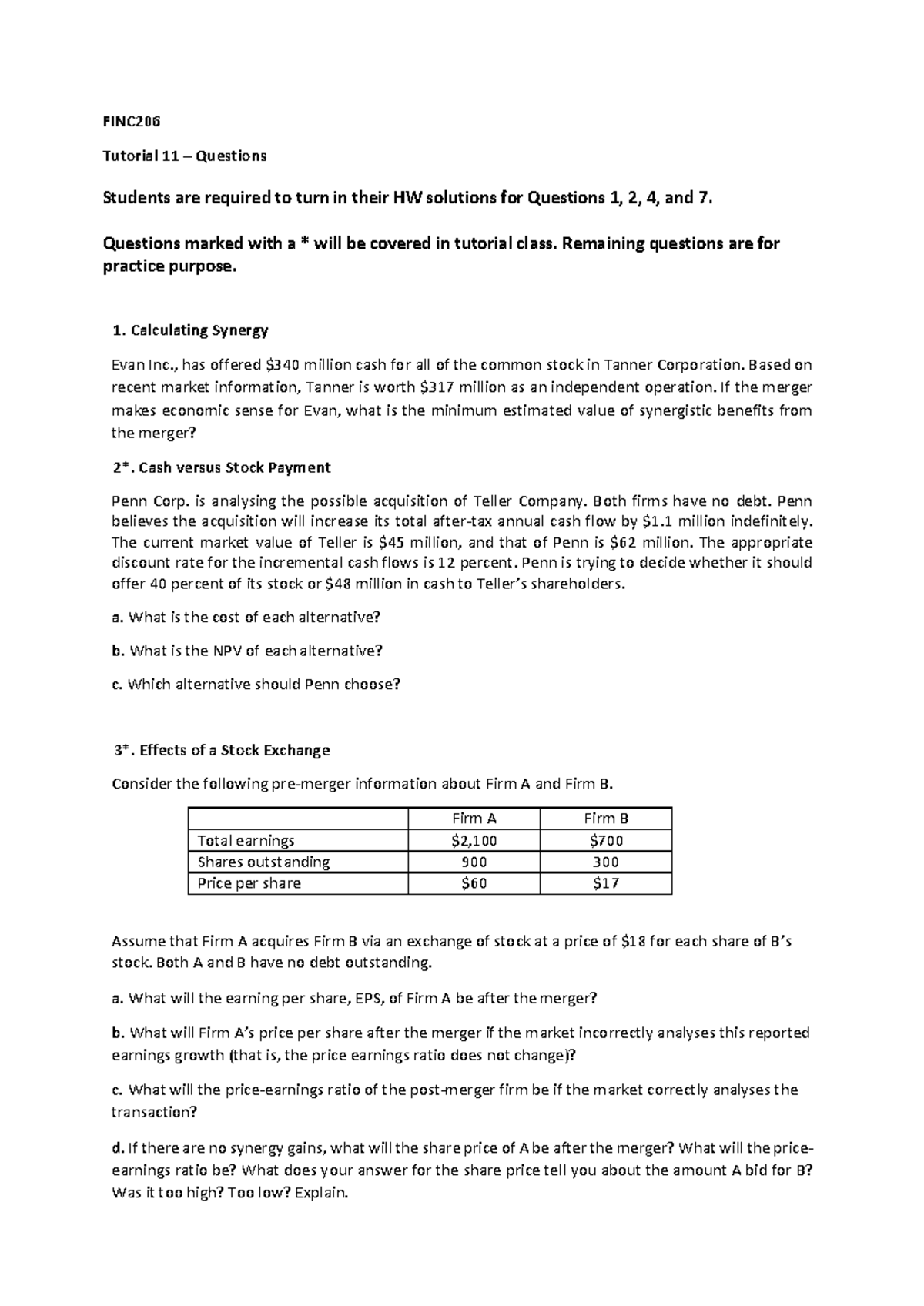 Tutorial 11 - FINC Tutorial 11 – Questions Students Are Required To ...