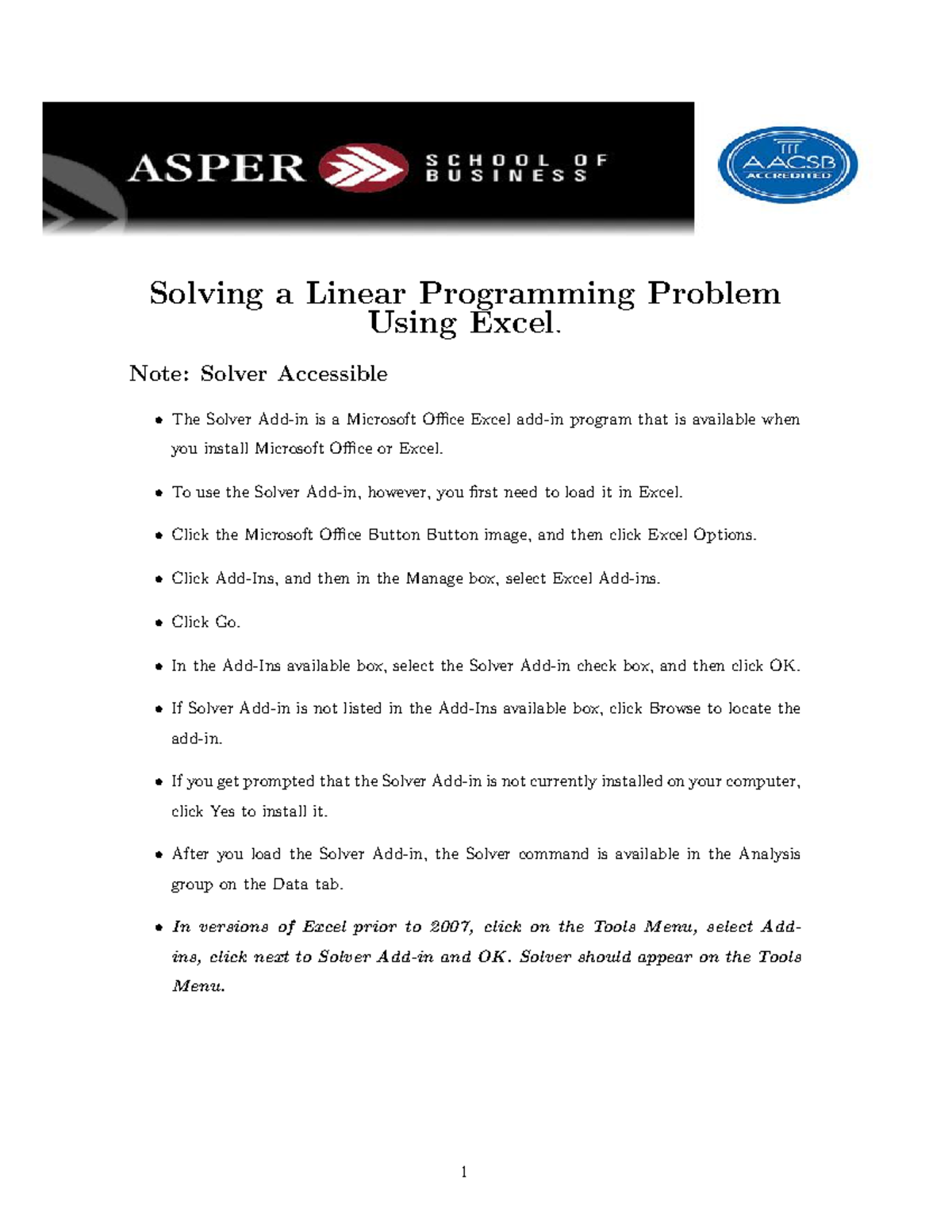 Excel Tutorial - Solving a Linear Programming Problem Using Excel. Note ...