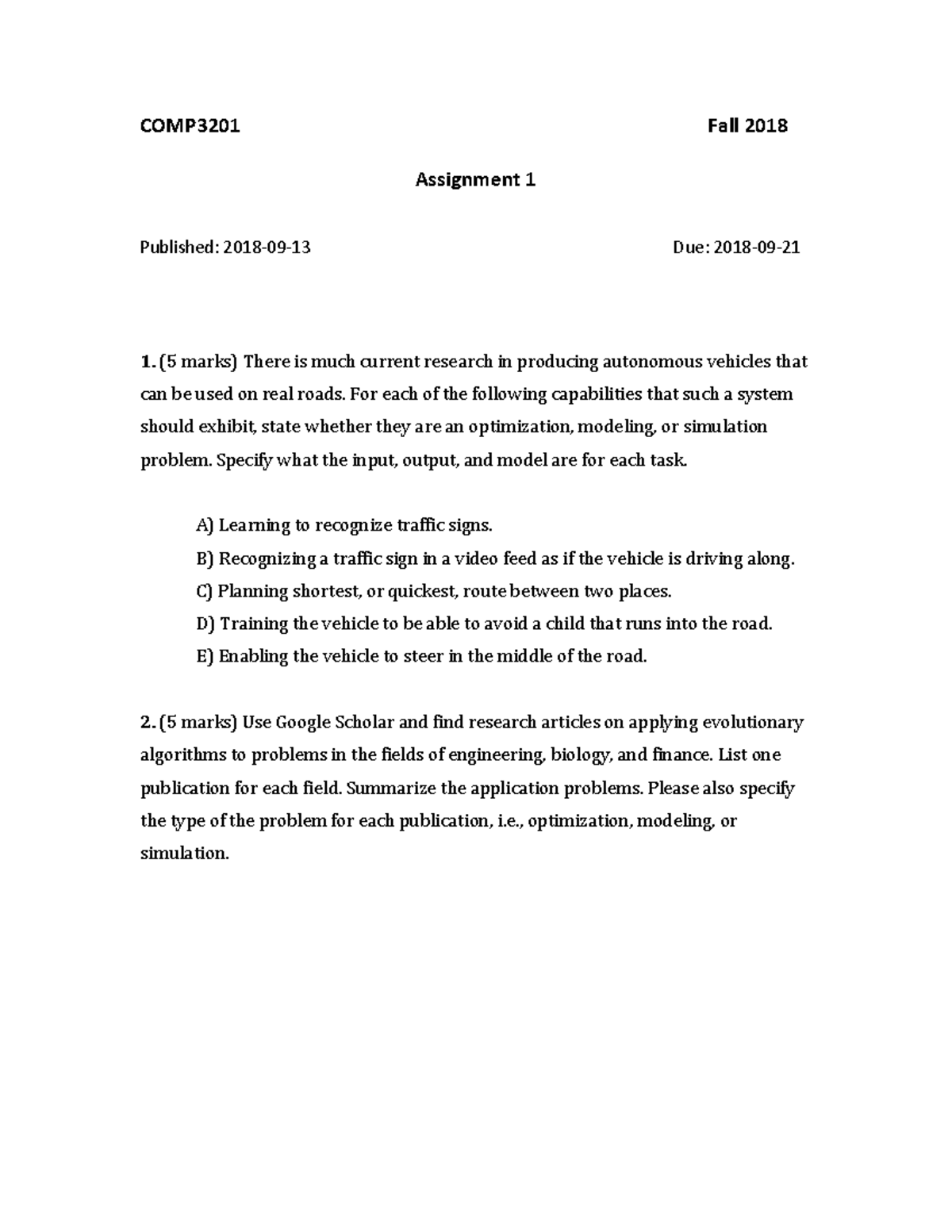 Assignment# 1 Question - COMP3201 Fall 2018 Assignment 1 Published: Due ...