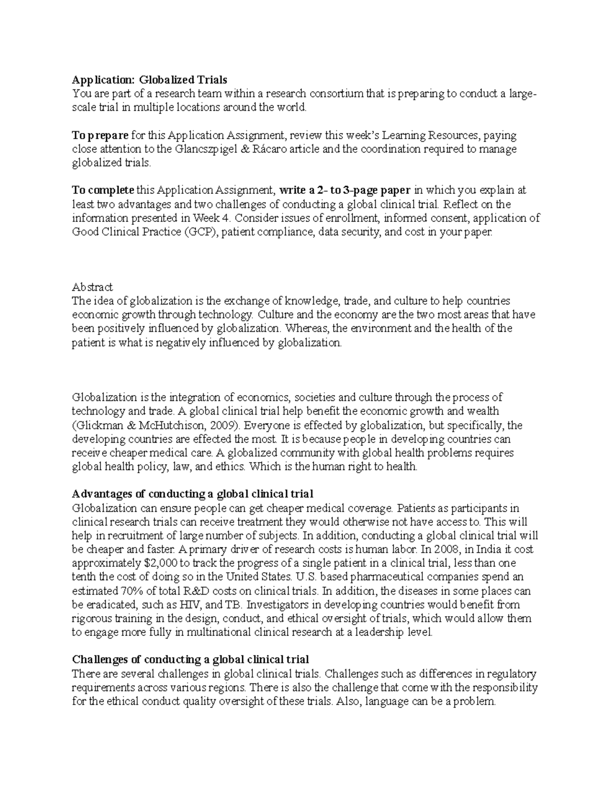 A6 - CLRA 6220 - Application: Globalized Trials You are part of a ...