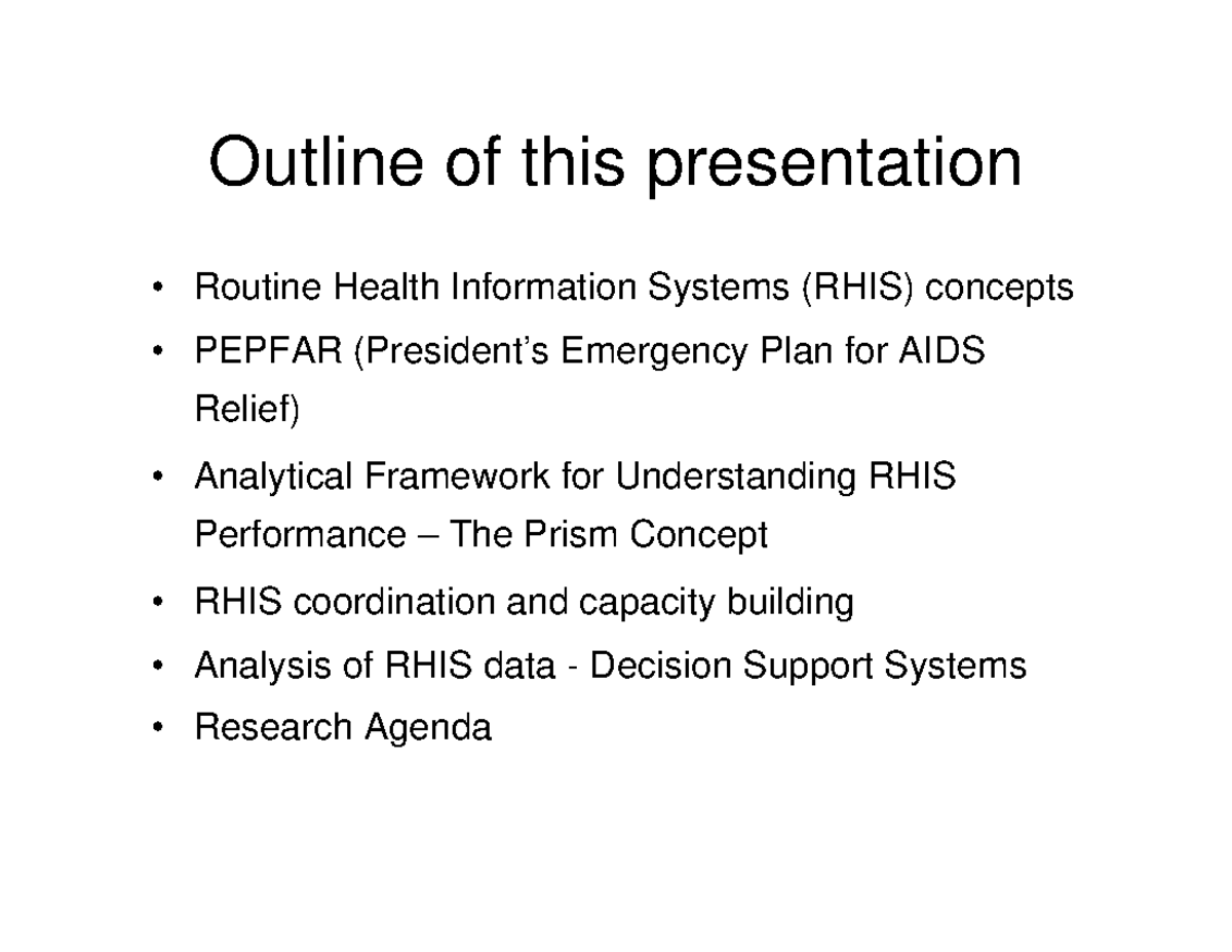 Health information system for BHRIM - Outline of this presentation ...