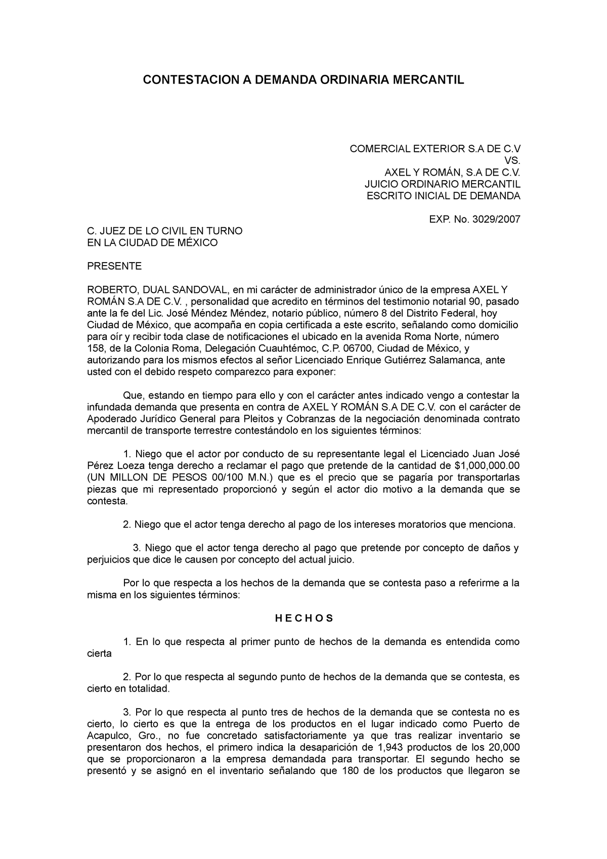 Contestacion a demanda ordinaria mercantil - CONTESTACION A DEMANDA  ORDINARIA MERCANTIL COMERCIAL - Studocu